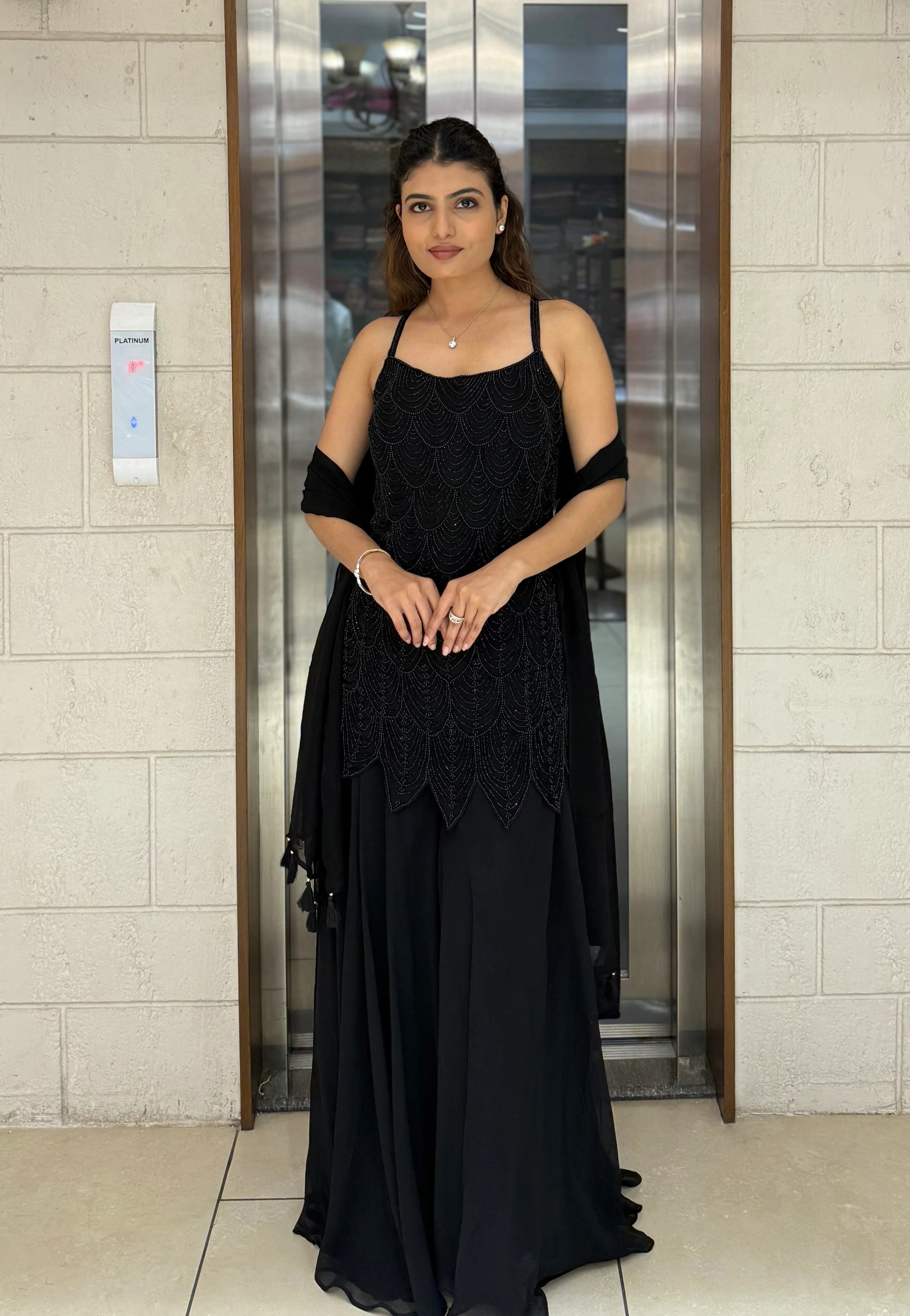 Elegant Midnight Hand-Embroidered Palazzo Suit with Dupatta - Image 4