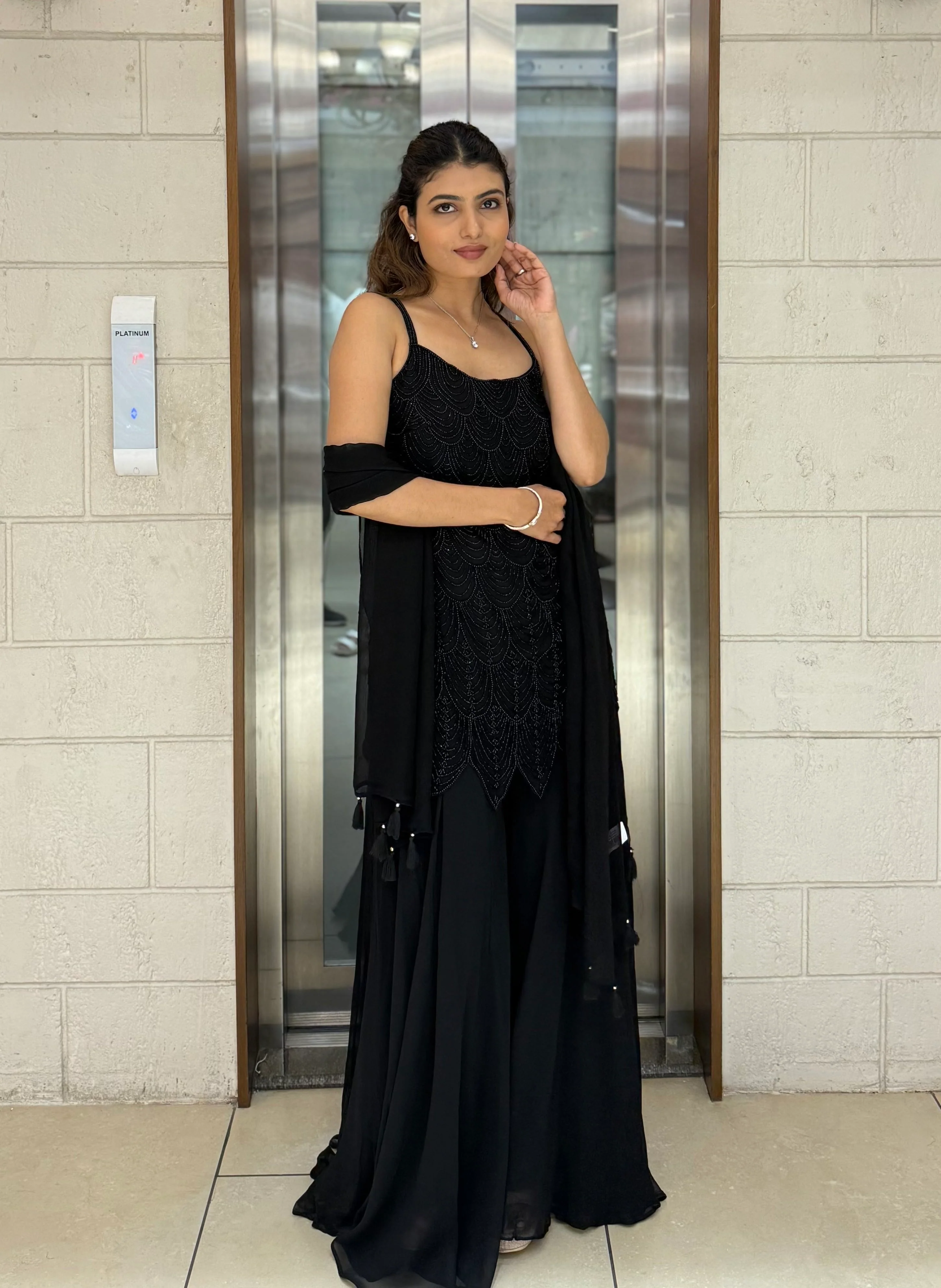 Elegant Midnight Hand-Embroidered Palazzo Suit with Dupatta - Image 5