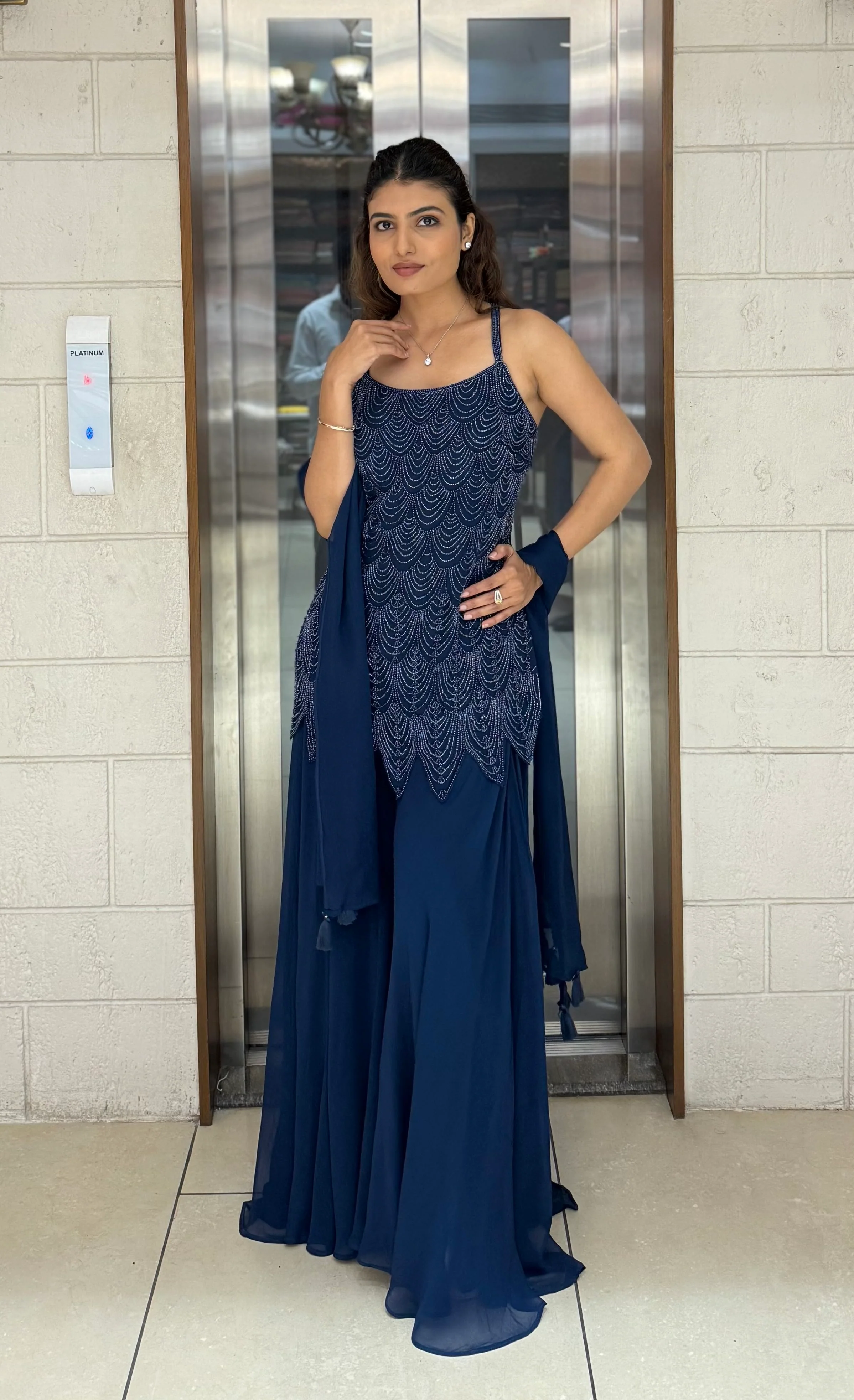 Elegant Midnight Hand-Embroidered Palazzo Suit with Dupatta - Image 8