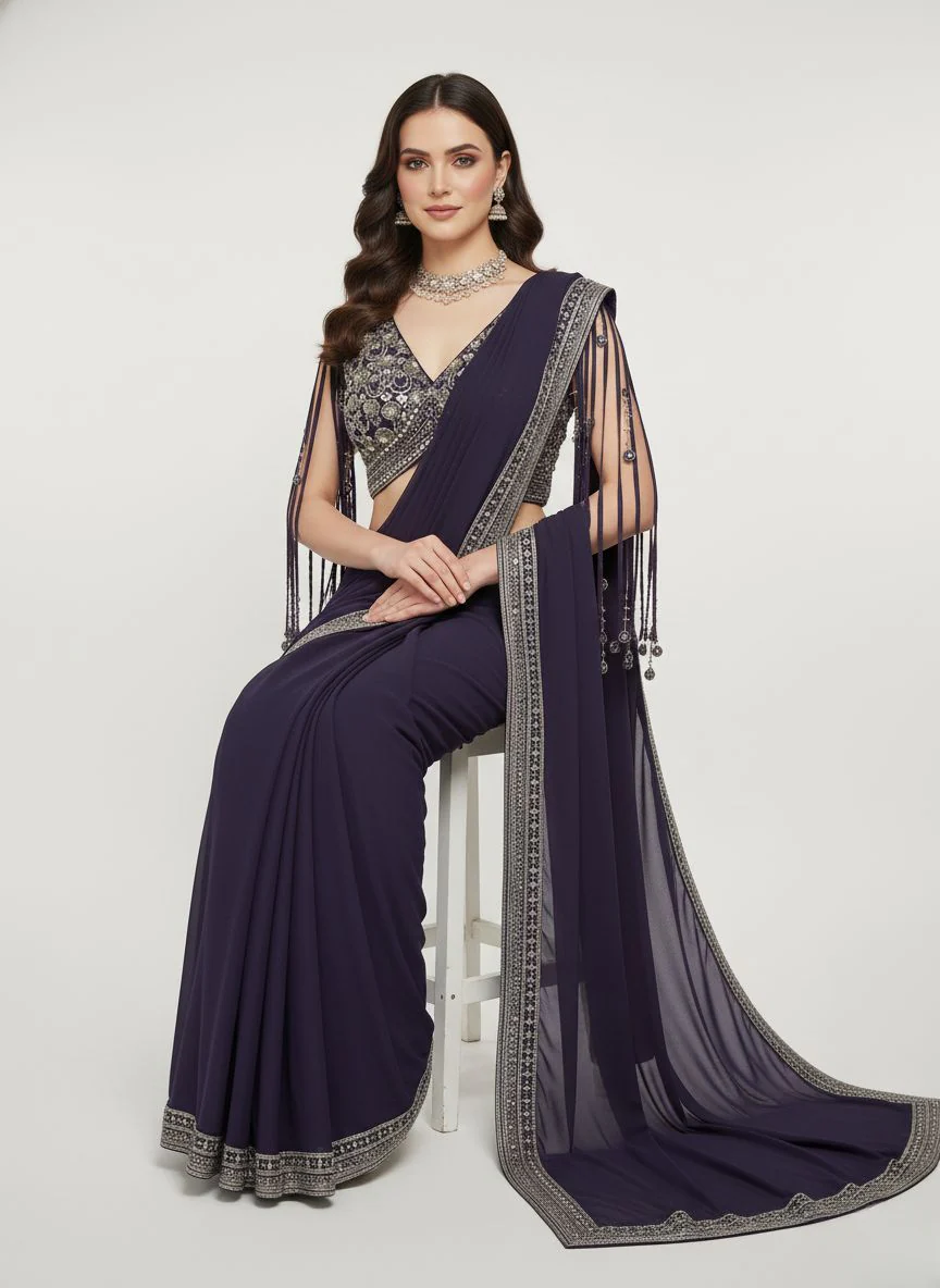 Elegant Navy Blue Designer Saree with Embellished Blouse & Tassel Sleeves - Image 2
