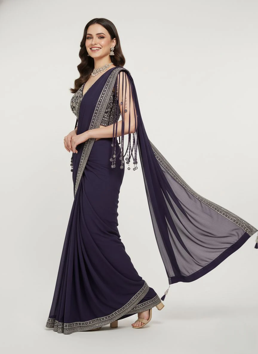 Elegant Navy Blue Designer Saree with Embellished Blouse & Tassel Sleeves - Image 3