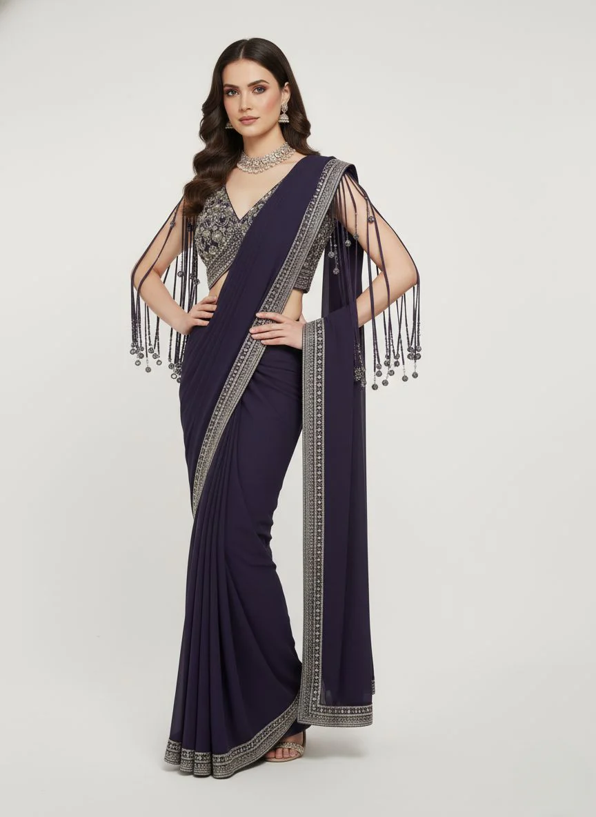 Elegant Navy Blue Designer Saree with Embellished Blouse & Tassel Sleeves - Image 4