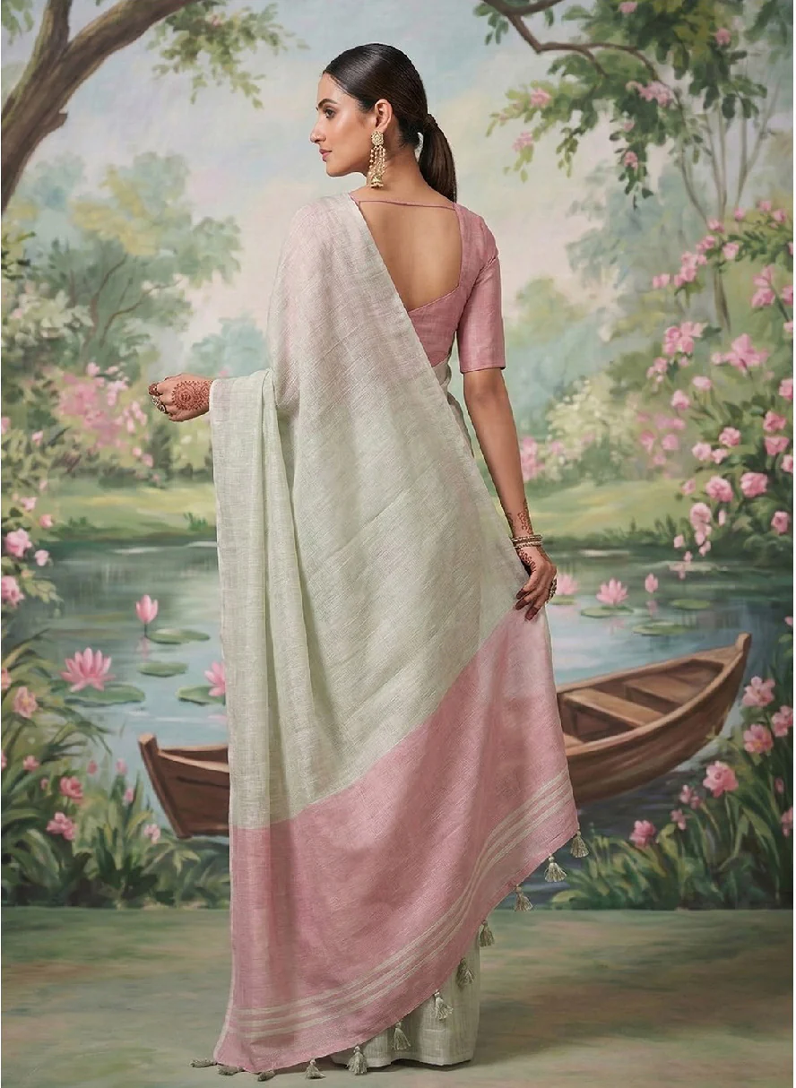 Elegant Pastel Linen Saree with Contrast Pink Border - Image 2