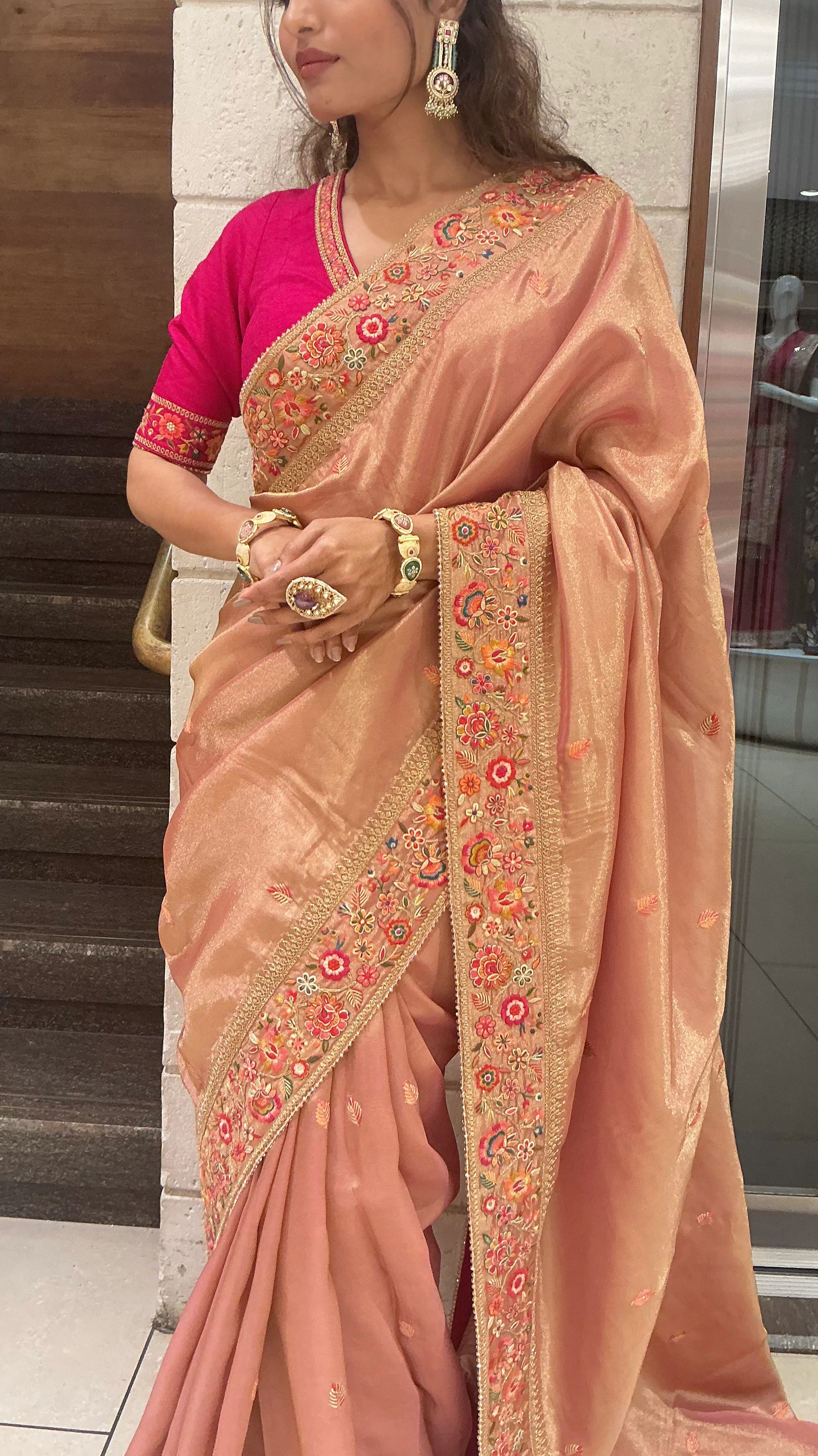 Elegant Peach Gold Designer Saree with Floral Embroidered Border & Rani Pink Blouse - Image 2