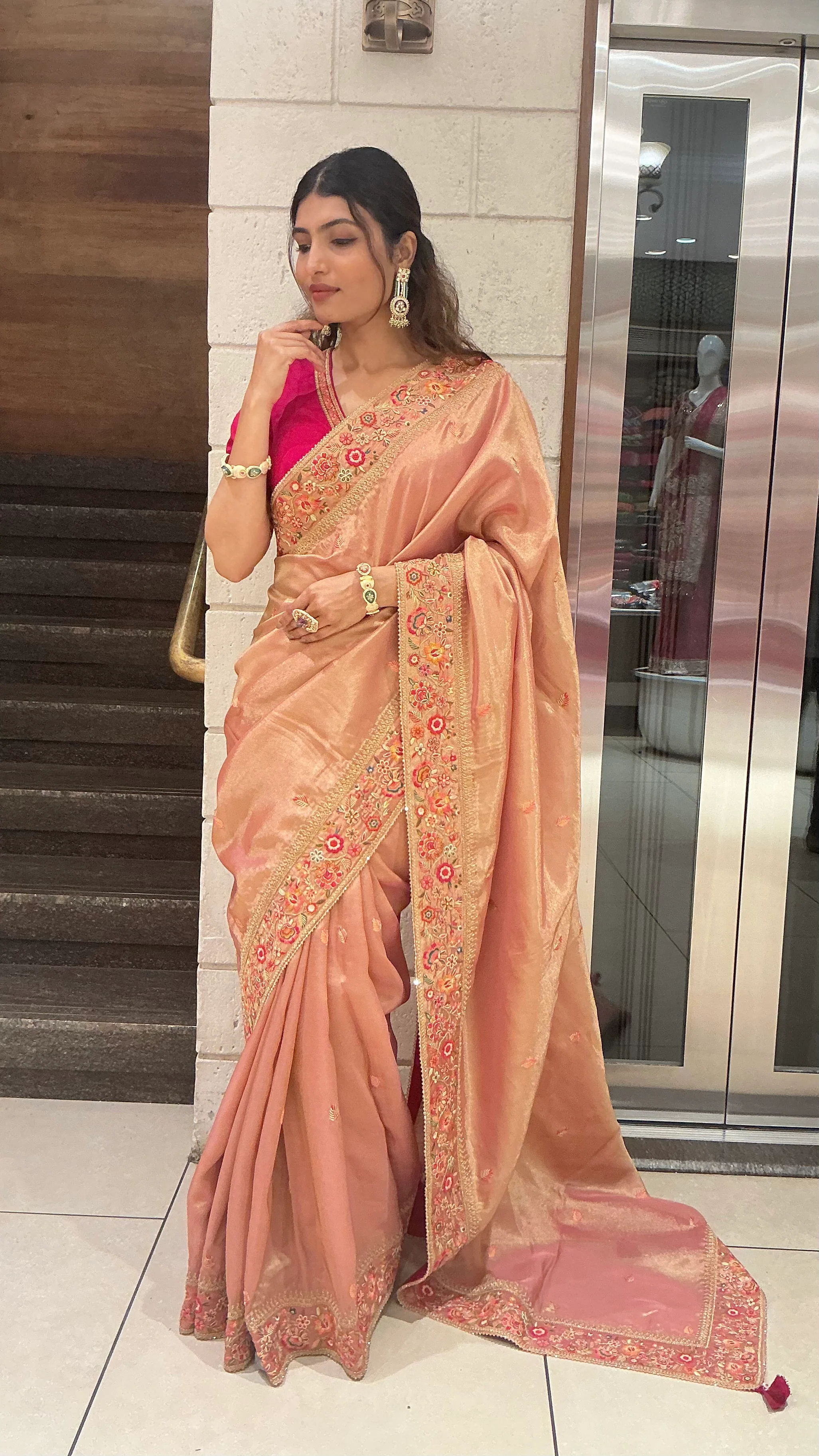 Elegant Peach Gold Designer Saree with Floral Embroidered Border & Rani Pink Blouse - Image 3