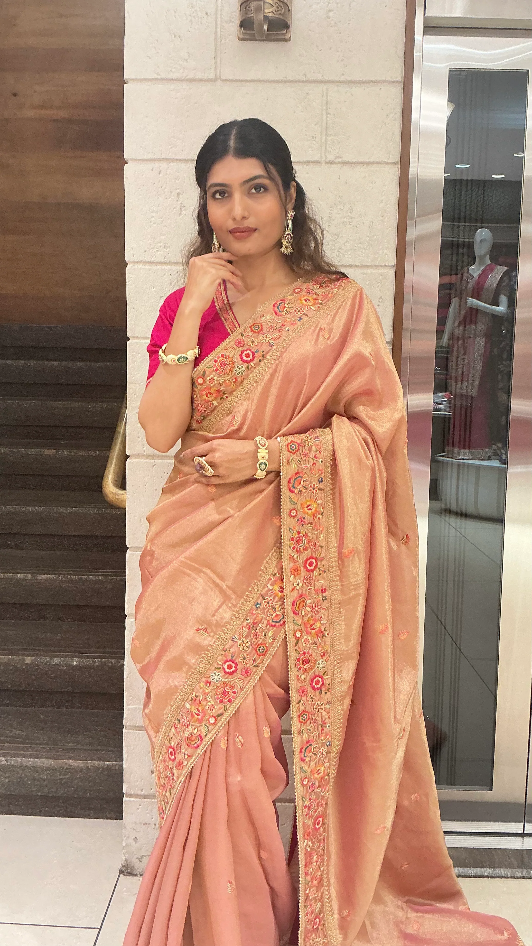 Elegant Peach Gold Designer Saree with Floral Embroidered Border & Rani Pink Blouse - Image 5