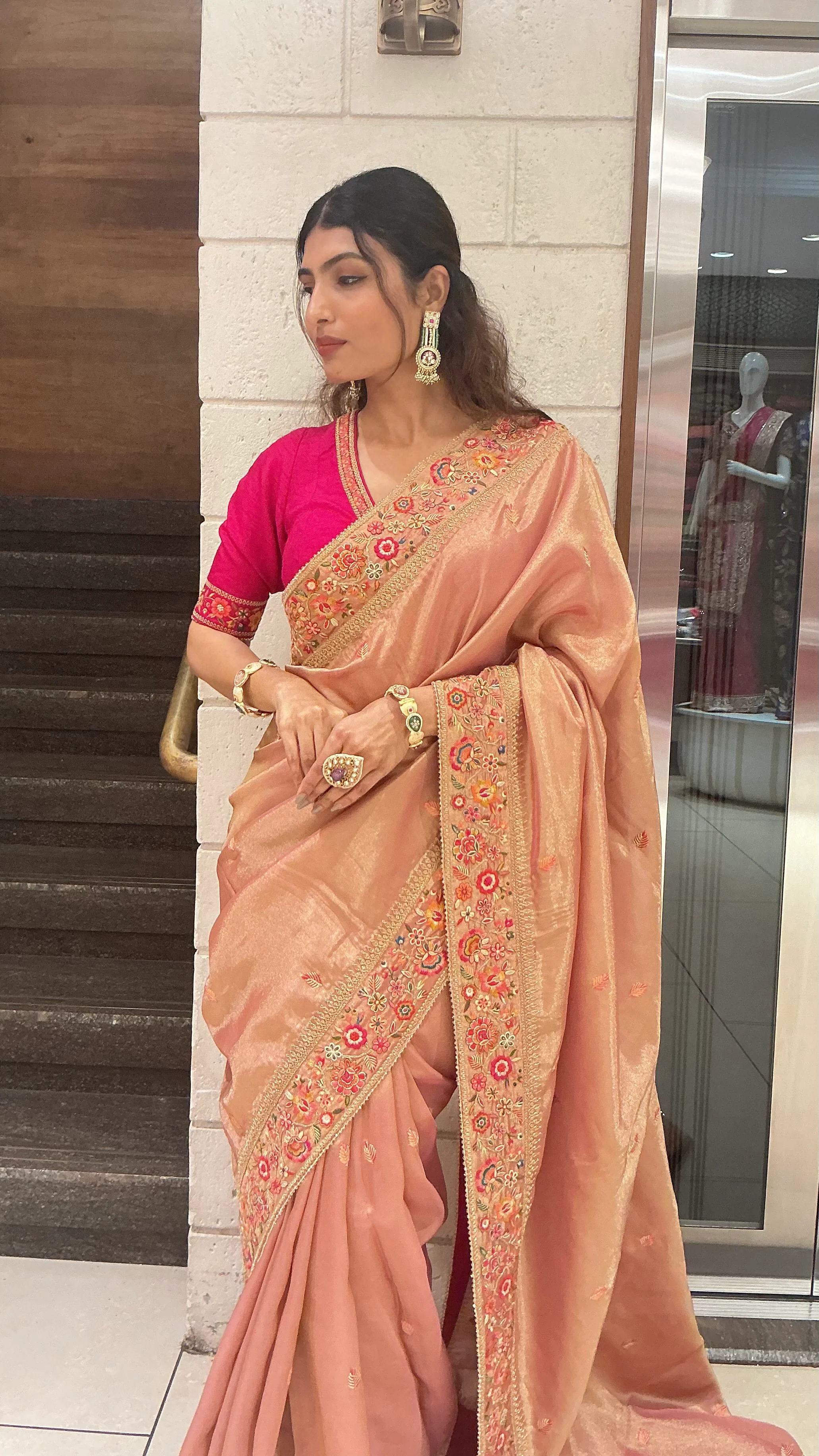 Elegant Peach Gold Designer Saree with Floral Embroidered Border & Rani Pink Blouse - Image 6
