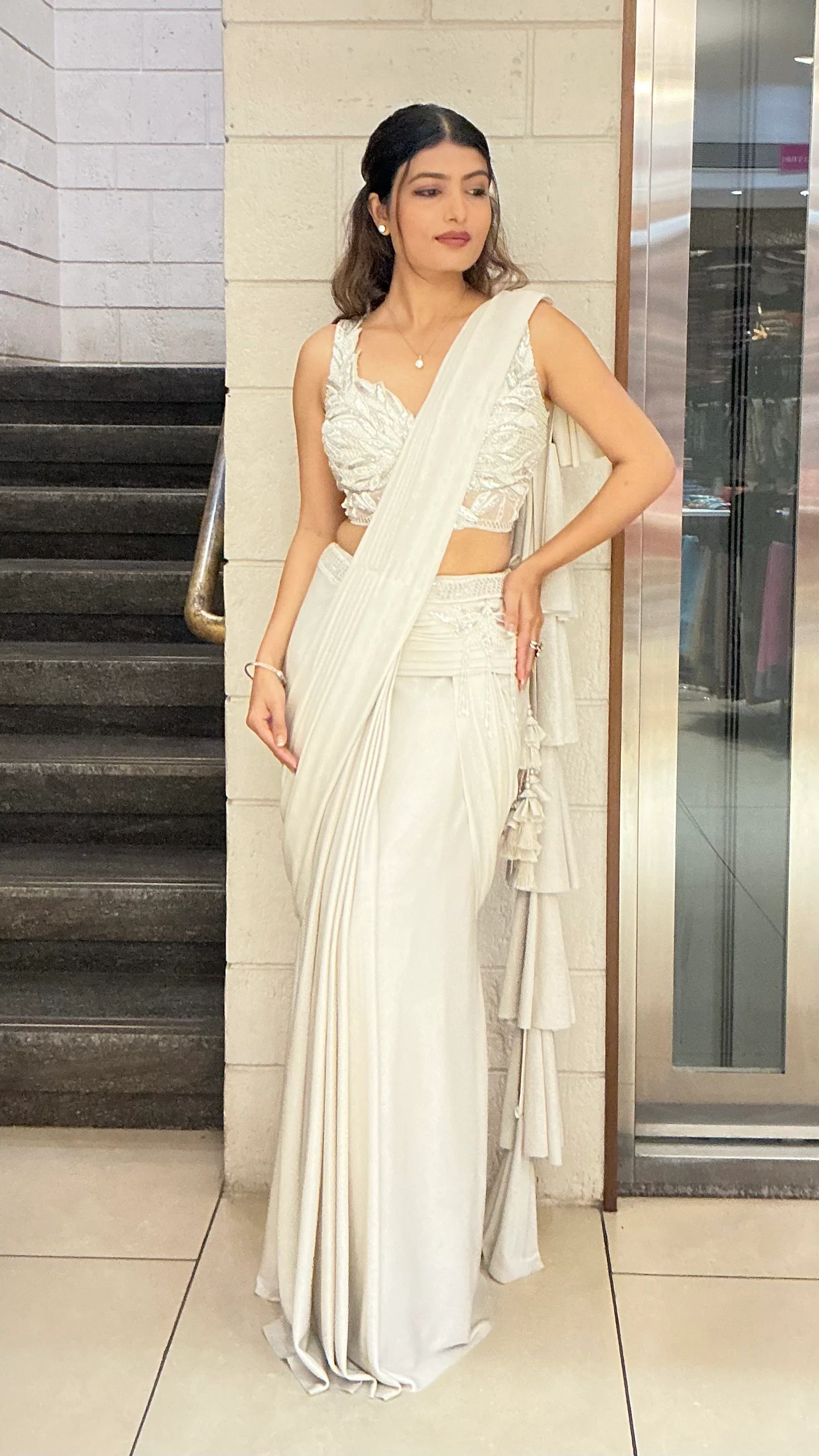 Elegant Pearl White Ready-to-Wear Saree with Embroidered Designer Blouse - Image 5