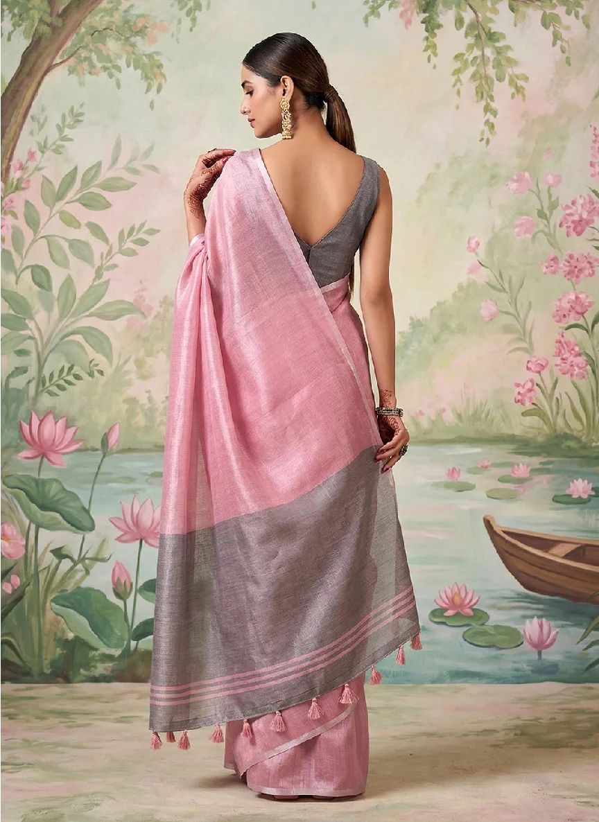 Elegant Pink Linen Saree with Grey Contrast Pallu - Image 2