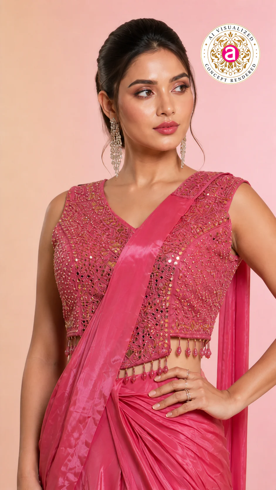Elegant Pink Satin Saree with Embellished Designer Blouse | Party Wear Draped Saree for Women - Image 2