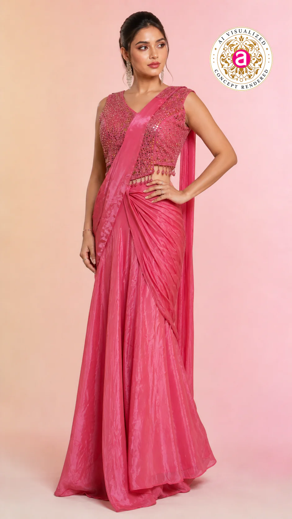 Elegant Pink Satin Saree with Embellished Designer Blouse | Party Wear Draped Saree for Women - Image 3