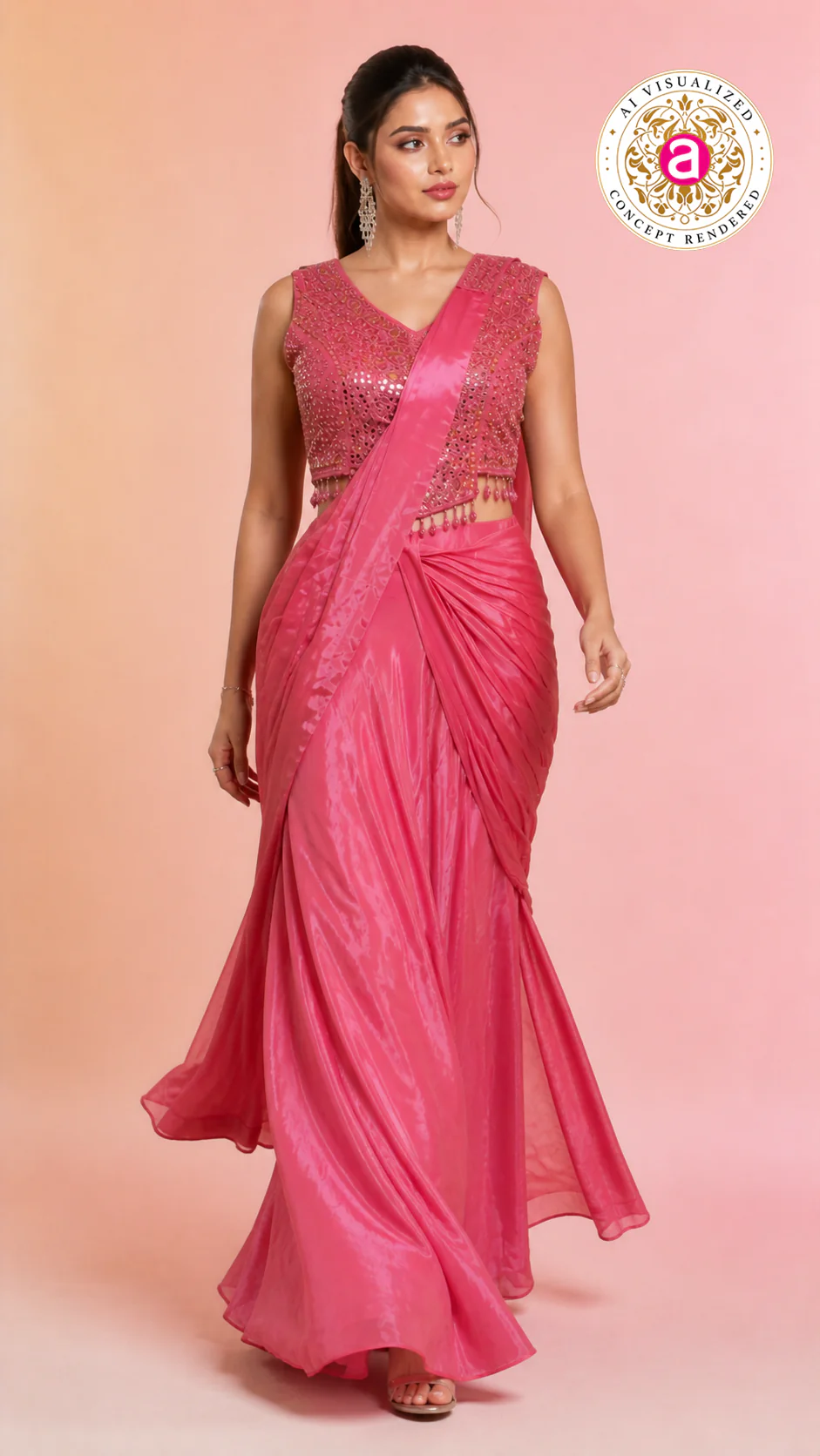 Elegant Pink Satin Saree with Embellished Designer Blouse | Party Wear Draped Saree for Women - Image 5