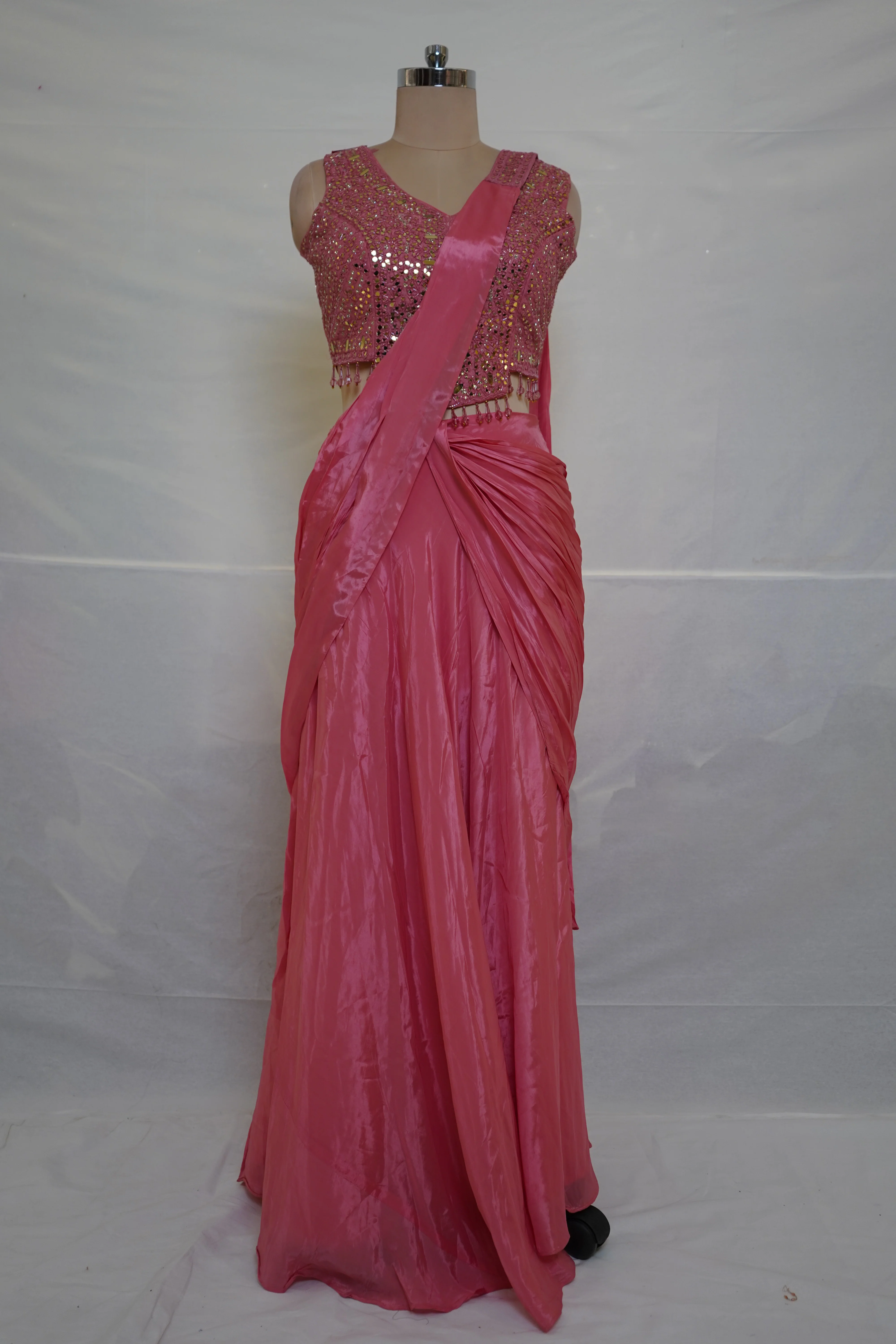 Elegant Pink Satin Saree with Embellished Designer Blouse | Party Wear Draped Saree for Women - Image 8