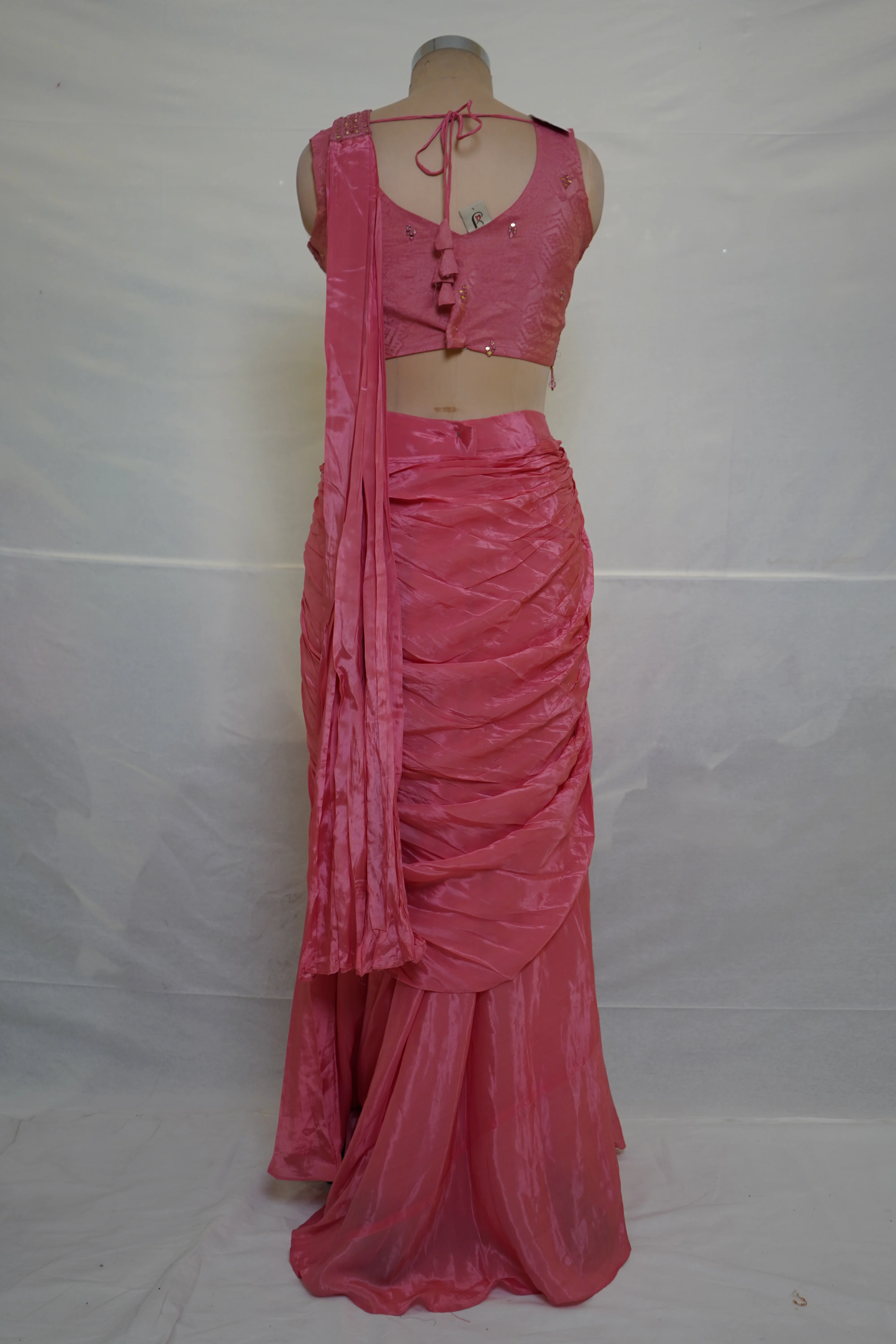 Elegant Pink Satin Saree with Embellished Designer Blouse | Party Wear Draped Saree for Women - Image 9