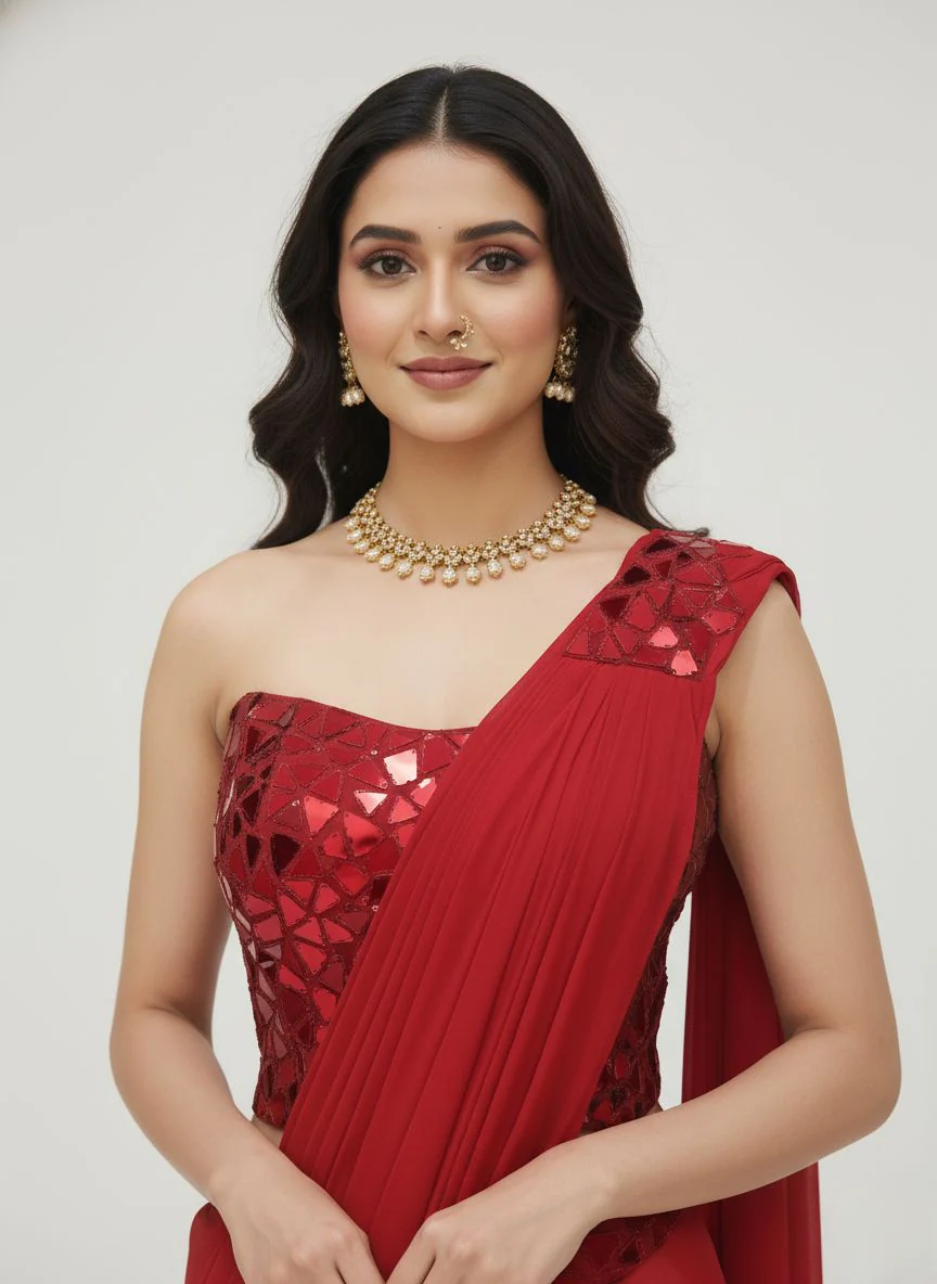 Elegant Red Ready-to-Wear Saree with Mirror-Work One-Shoulder Blouse – Party & Cocktail Wear - Image 2