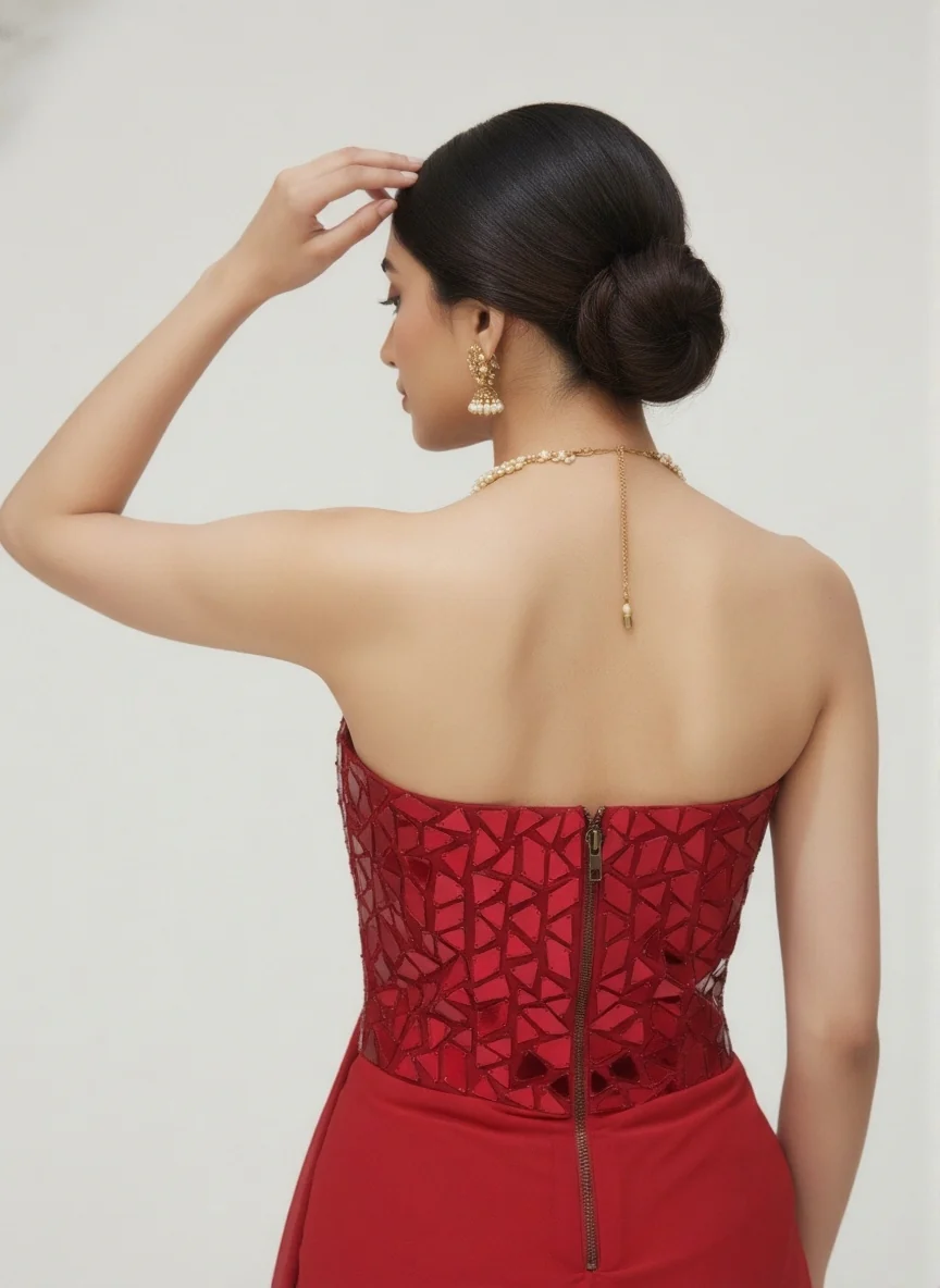 Elegant Red Ready-to-Wear Saree with Mirror-Work One-Shoulder Blouse – Party & Cocktail Wear - Image 3