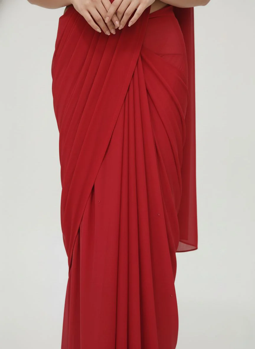 Elegant Red Ready-to-Wear Saree with Mirror-Work One-Shoulder Blouse – Party & Cocktail Wear - Image 4