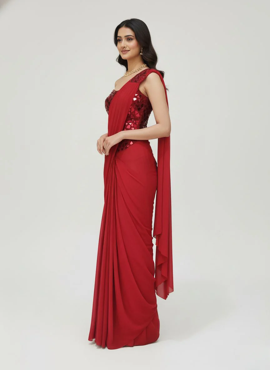 Elegant Red Ready-to-Wear Saree with Mirror-Work One-Shoulder Blouse – Party & Cocktail Wear - Image 5