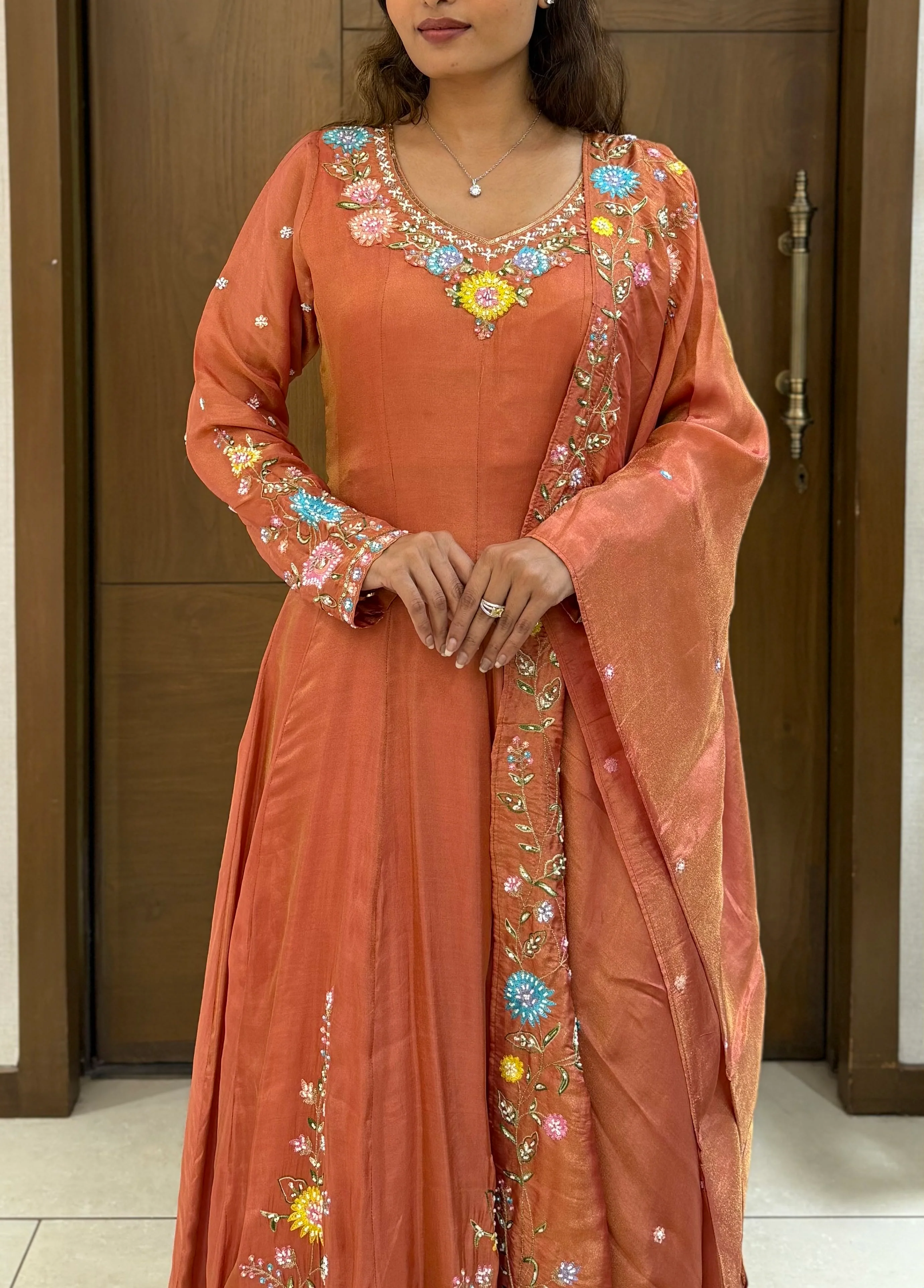 Elegant Rust Orange Embroidered Anarkali Suit with Dupatta - Image 2