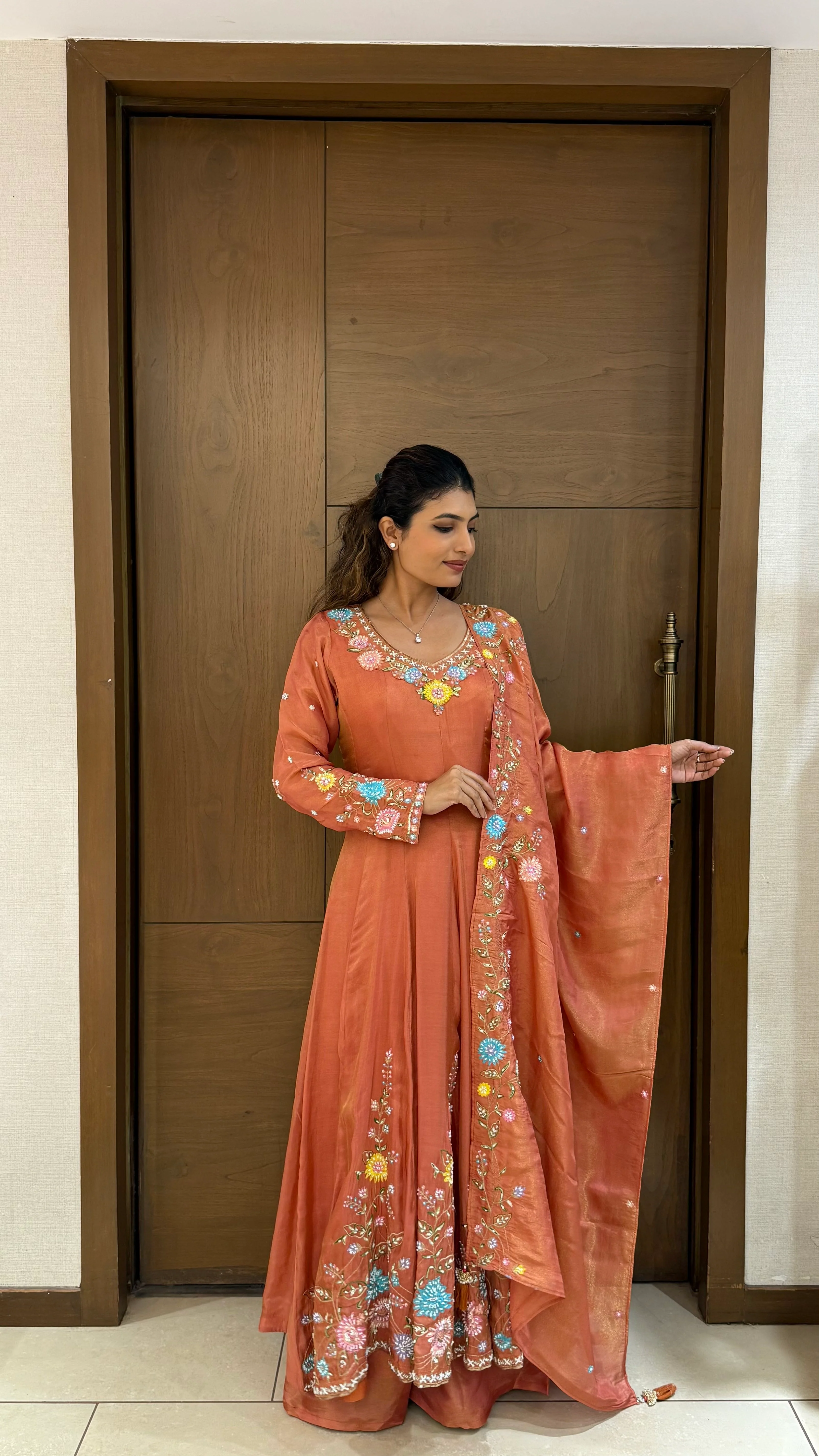 Elegant Rust Orange Embroidered Anarkali Suit with Dupatta - Image 3