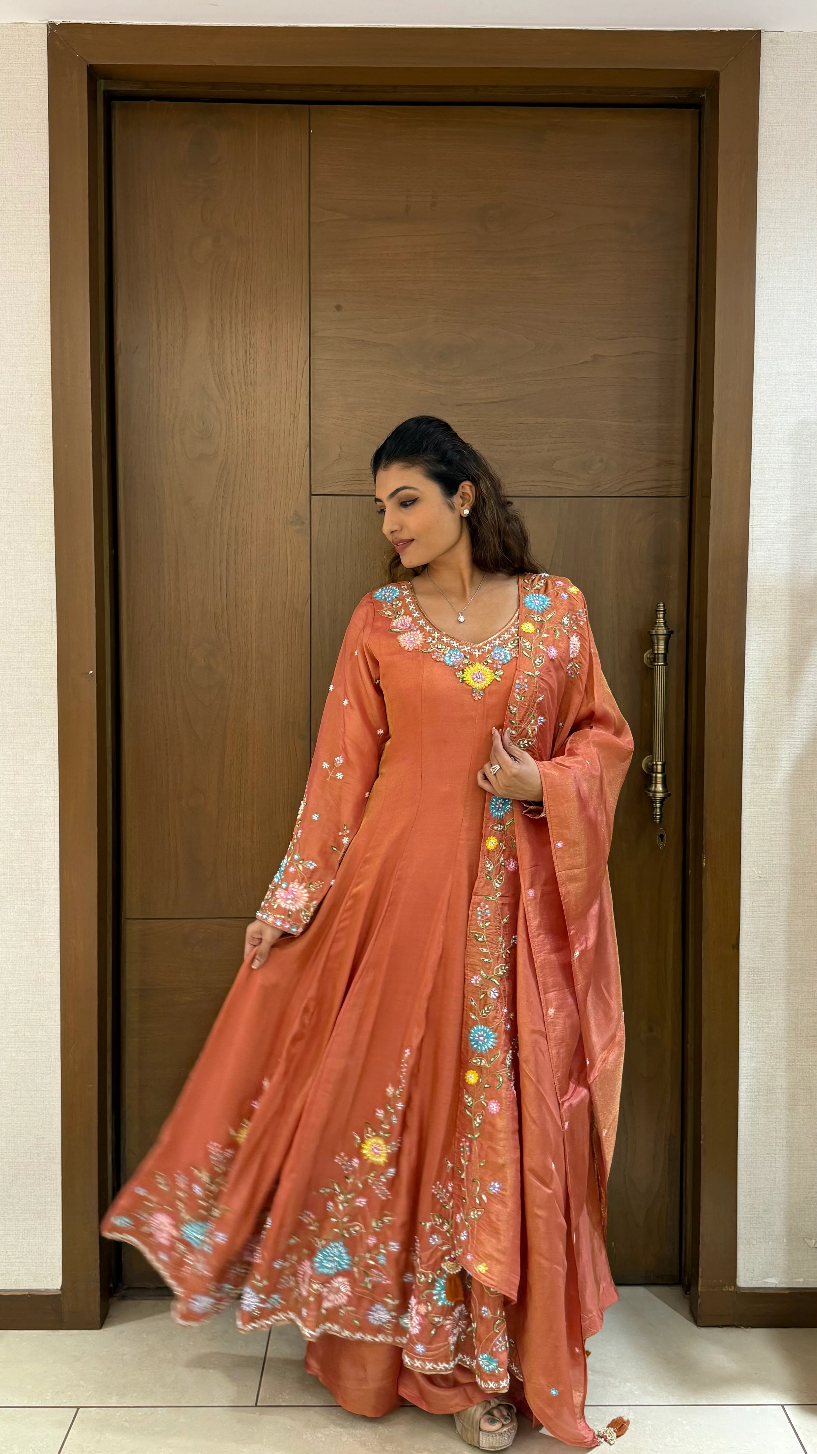 Elegant Rust Orange Embroidered Anarkali Suit with Dupatta - Image 4