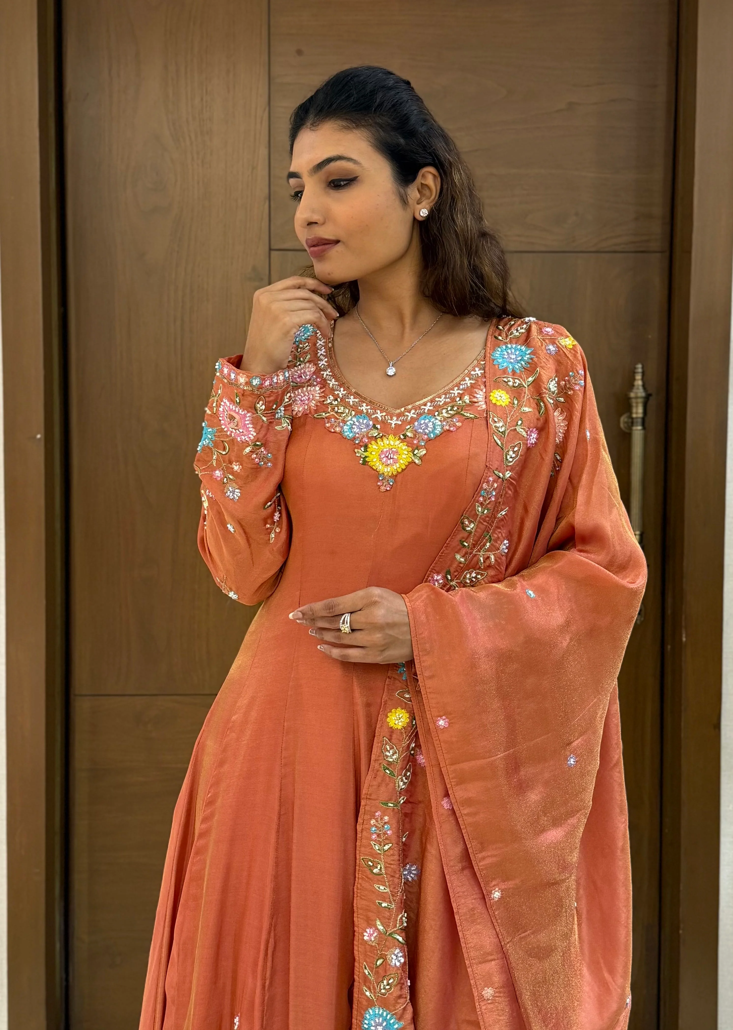 Elegant Rust Orange Embroidered Anarkali Suit with Dupatta - Image 5