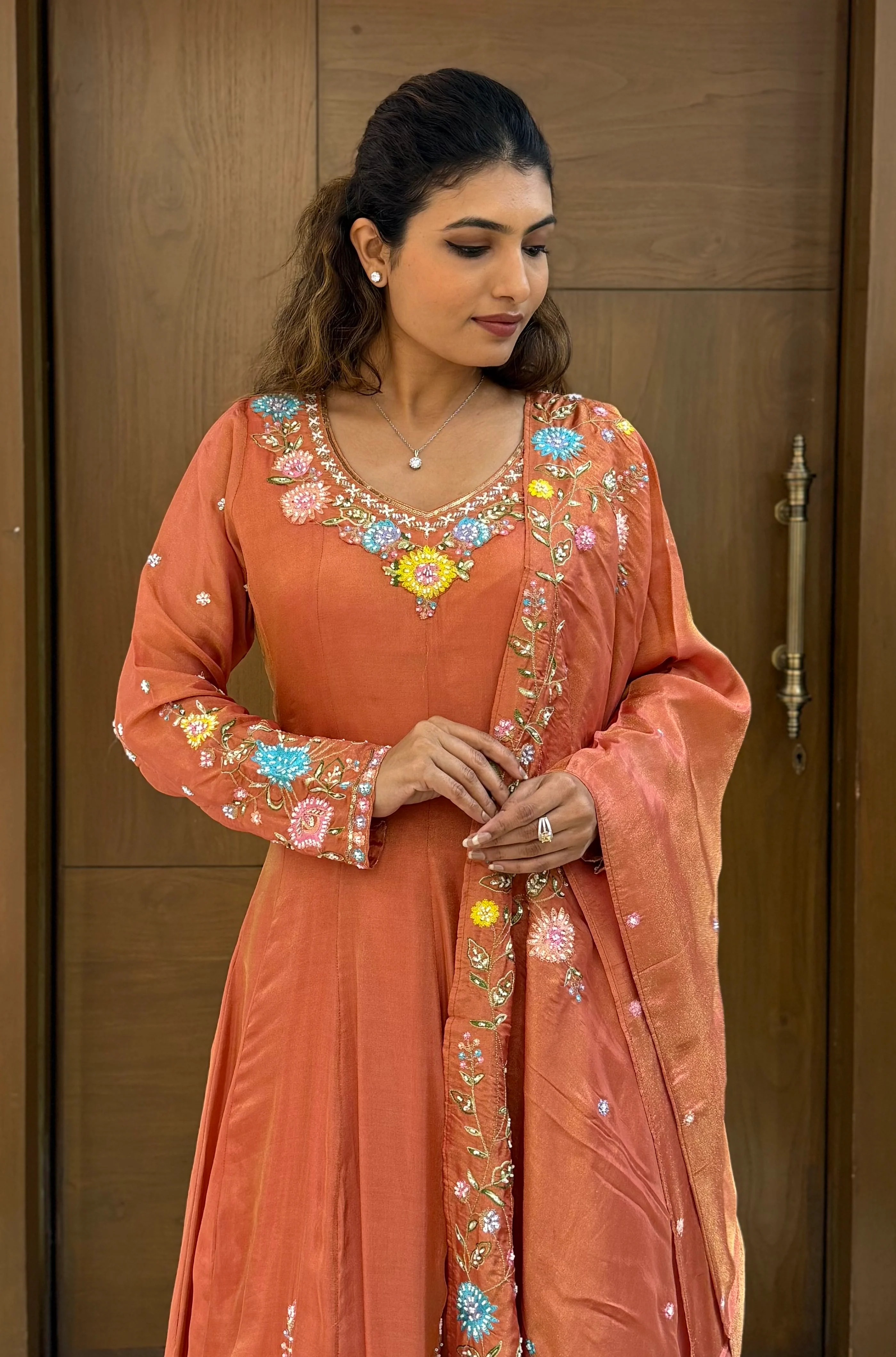 Elegant Rust Orange Embroidered Anarkali Suit with Dupatta - Image 6