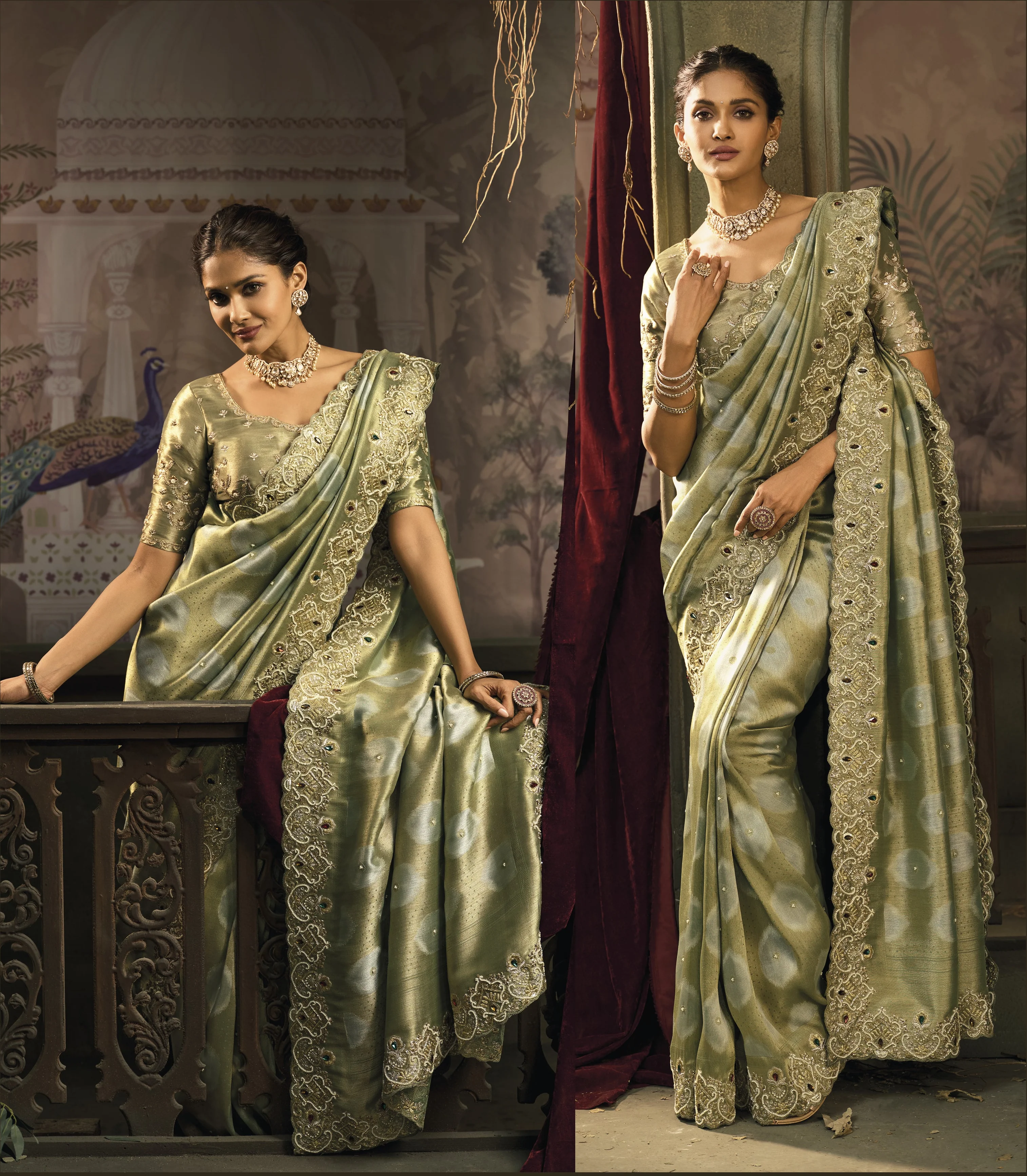 Elegant Sage Green Silk Saree with Embroidered Scalloped Border - Image 2