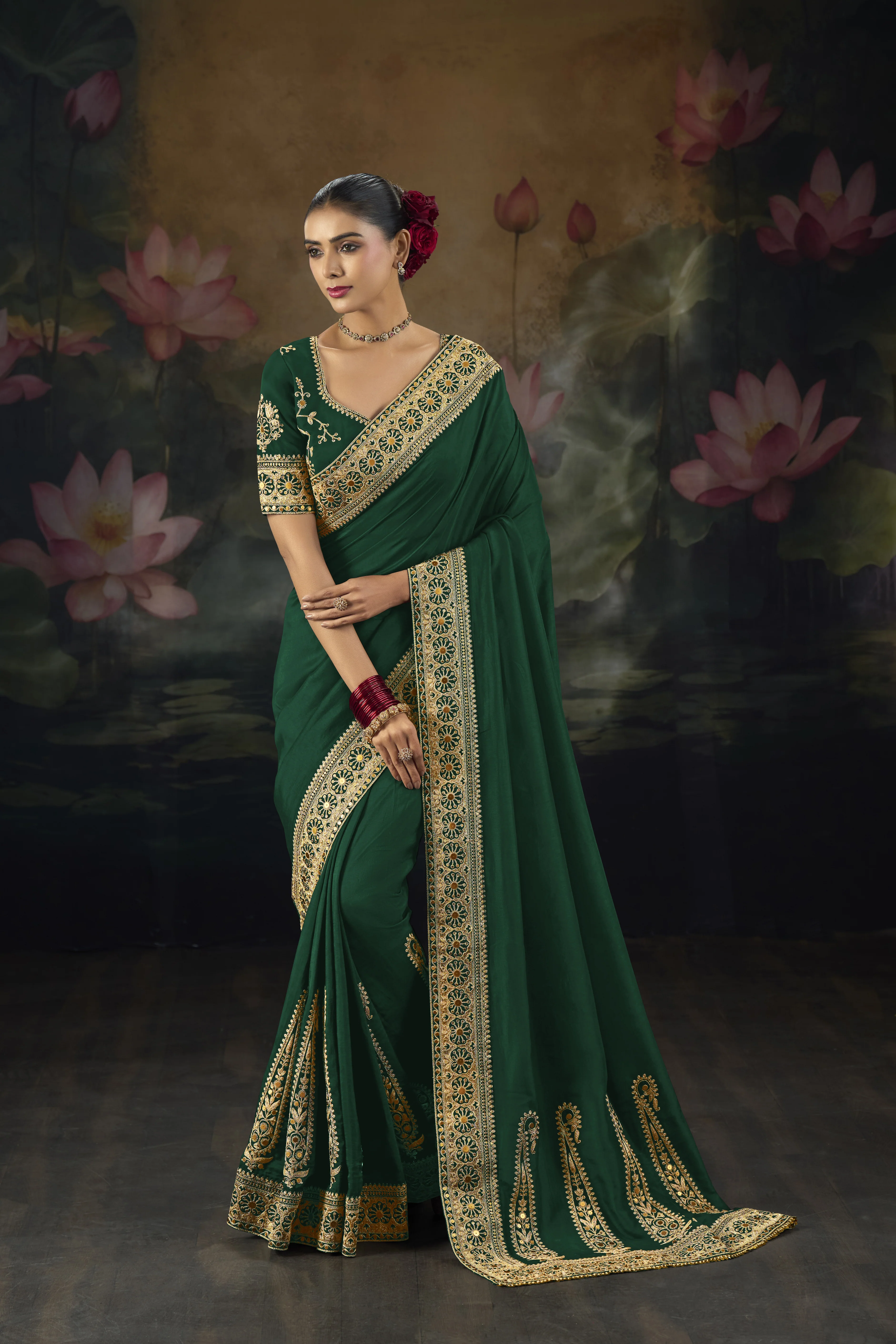 Elegant Saree with Rich Gold Embroidered Border & Designer Blouse - Image 2