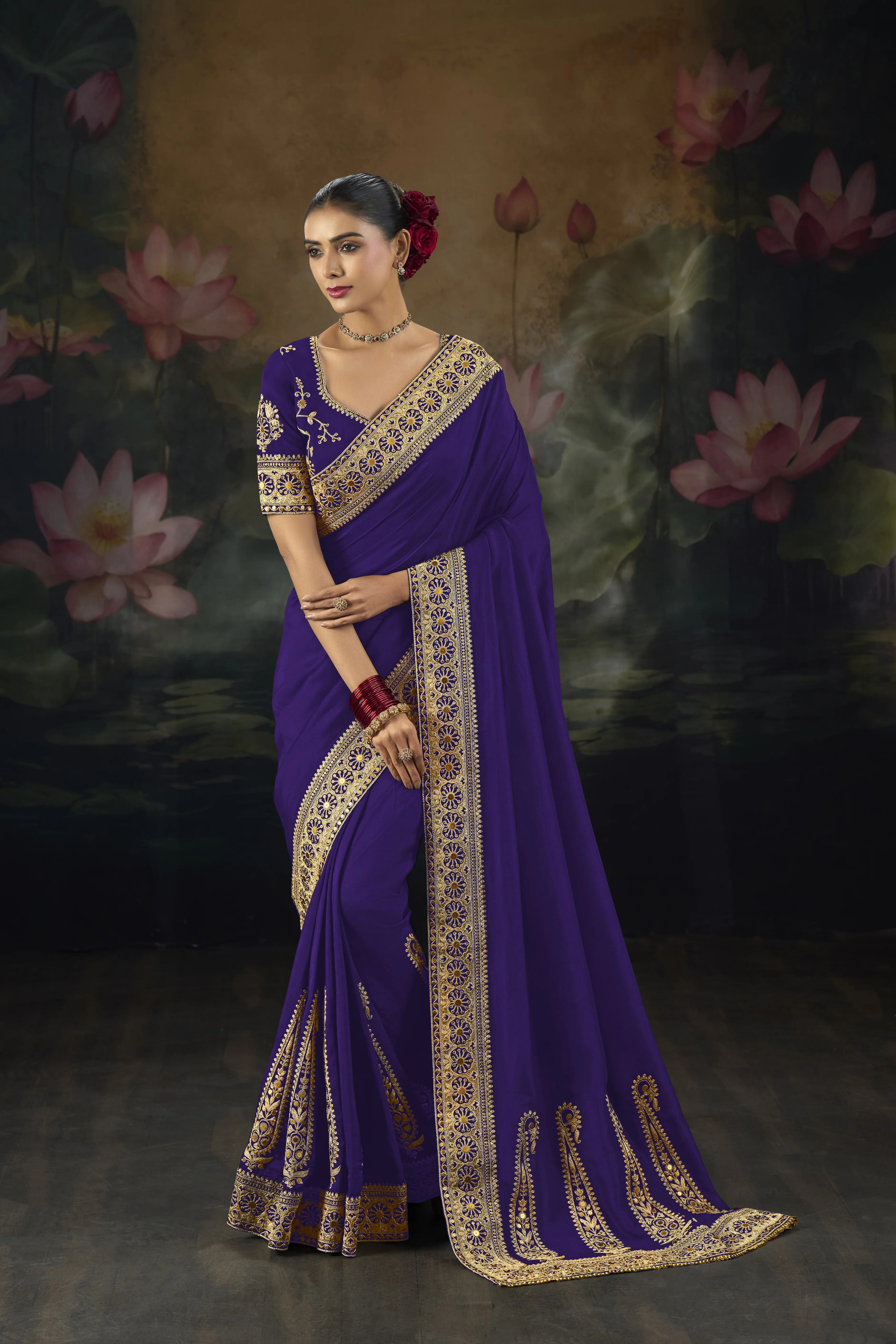 Elegant Saree with Rich Gold Embroidered Border & Designer Blouse - Image 3