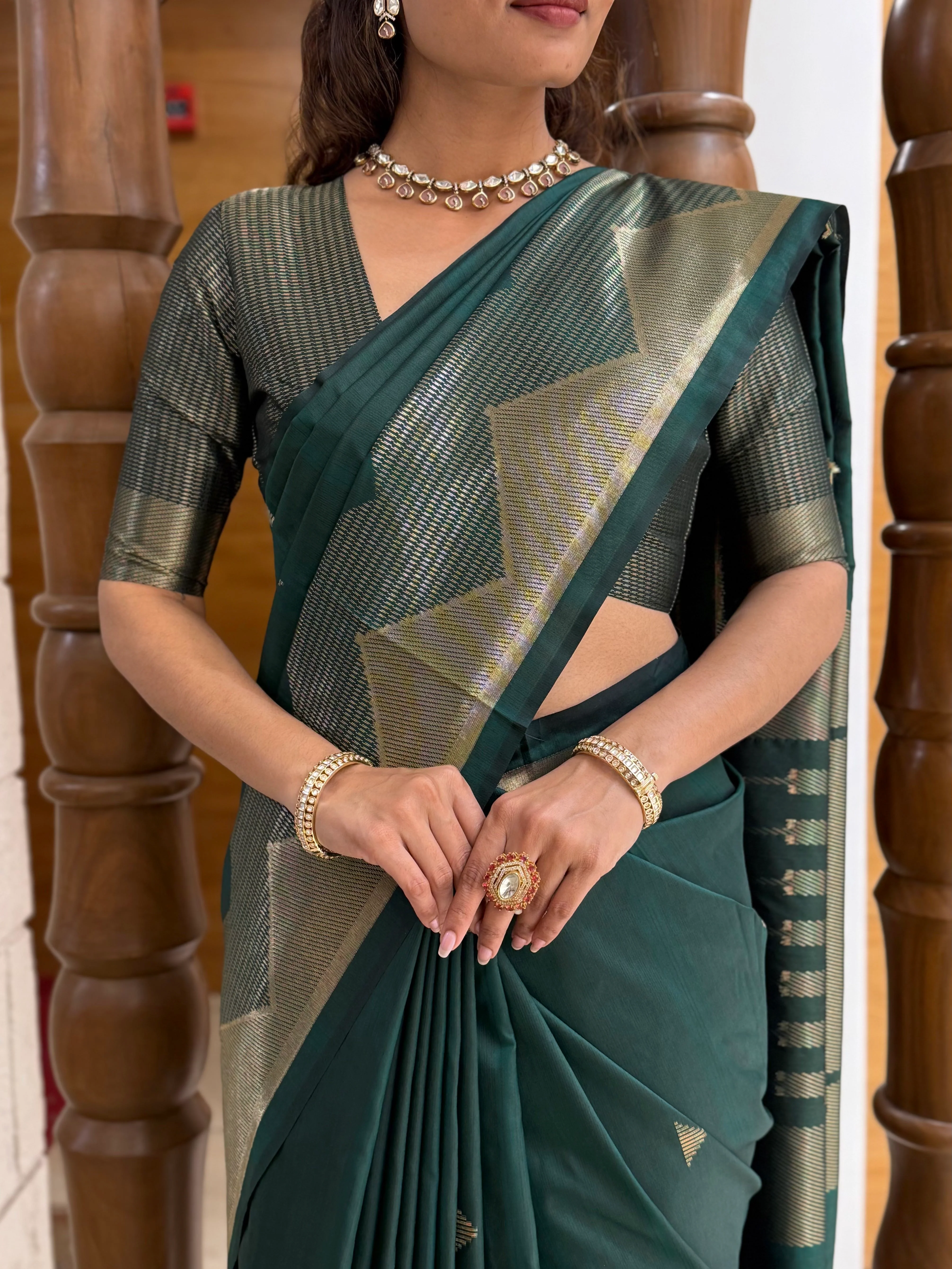 Elegant Soft Silk Saree with Geometric Zari Border Festive & Wedding Collection - Image 6
