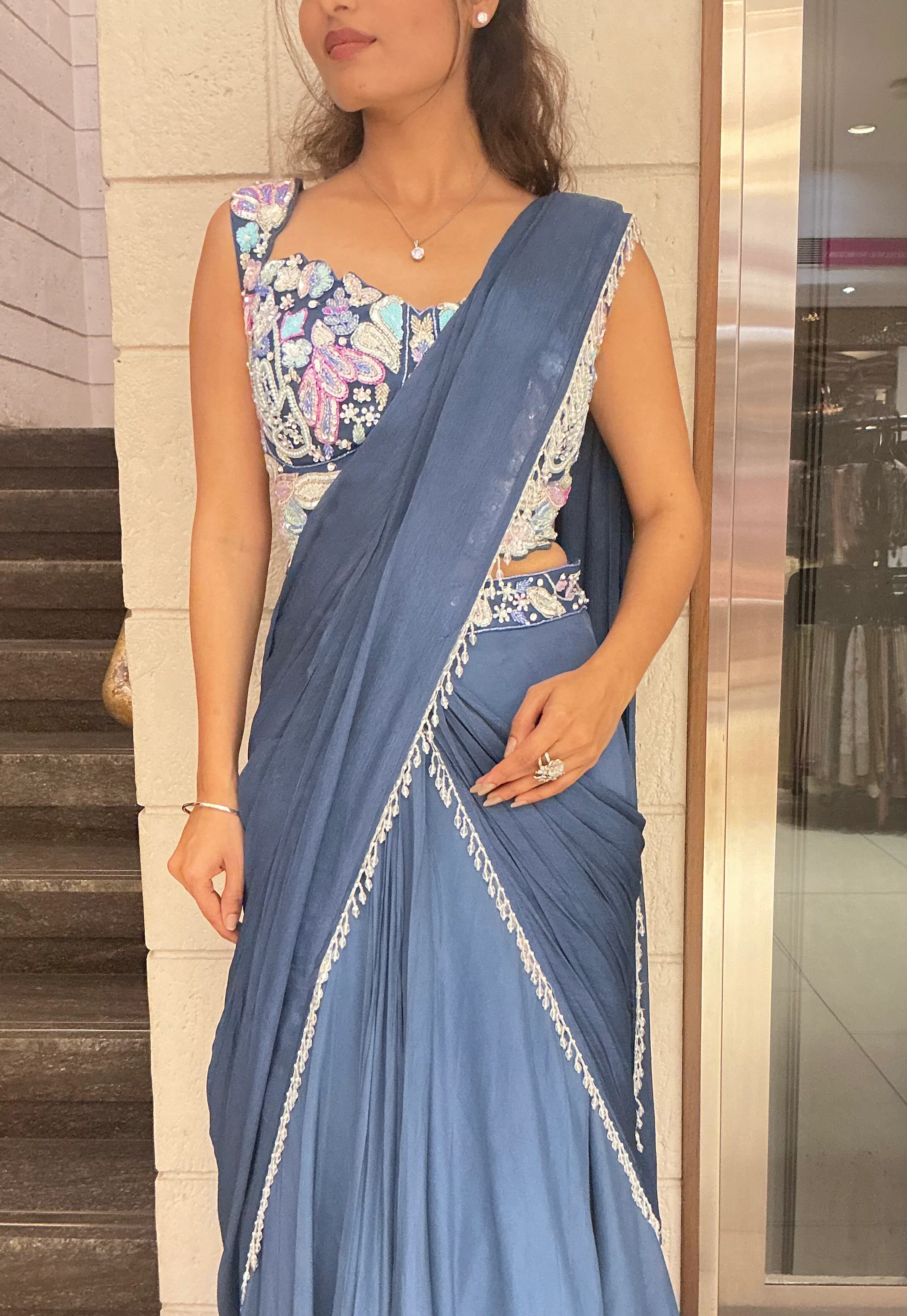 Elegant Steel Blue Designer Saree with Embroidered Blouse & Minimal Lace Border - Image 2