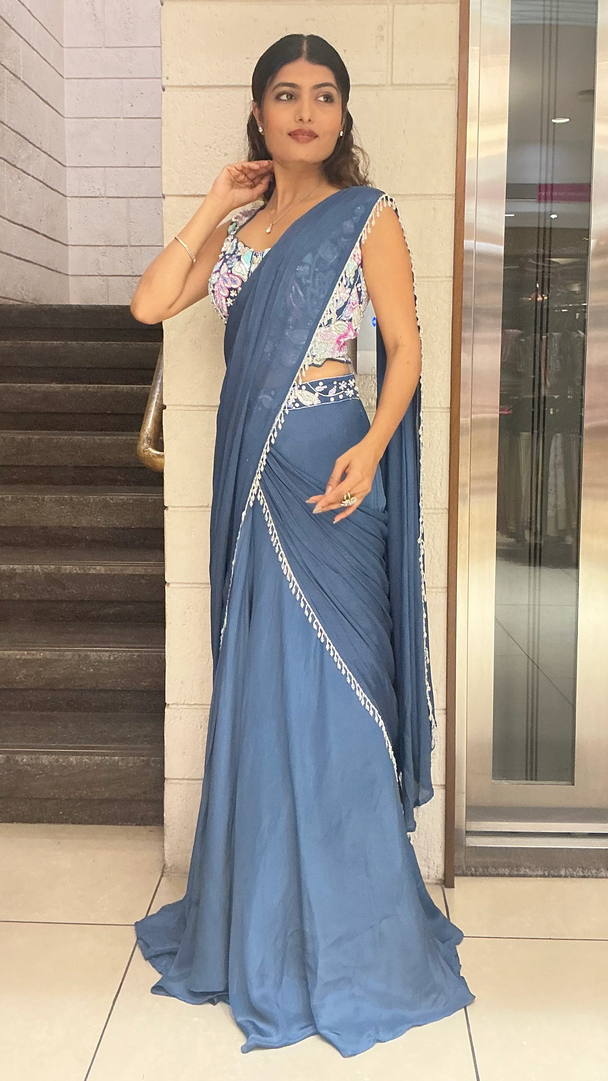 Elegant Steel Blue Designer Saree with Embroidered Blouse & Minimal Lace Border - Image 3