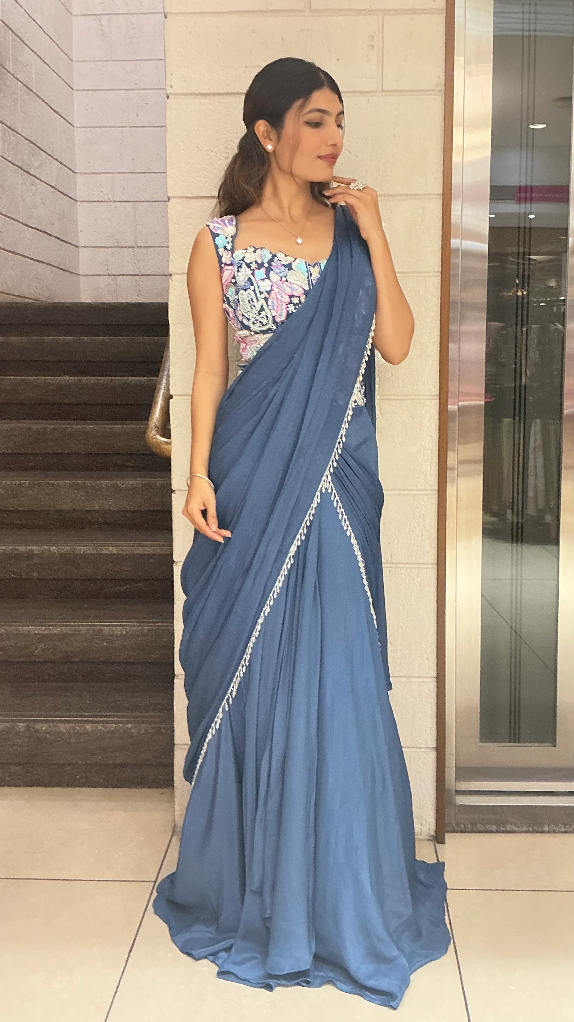 Elegant Steel Blue Designer Saree with Embroidered Blouse & Minimal Lace Border - Image 4