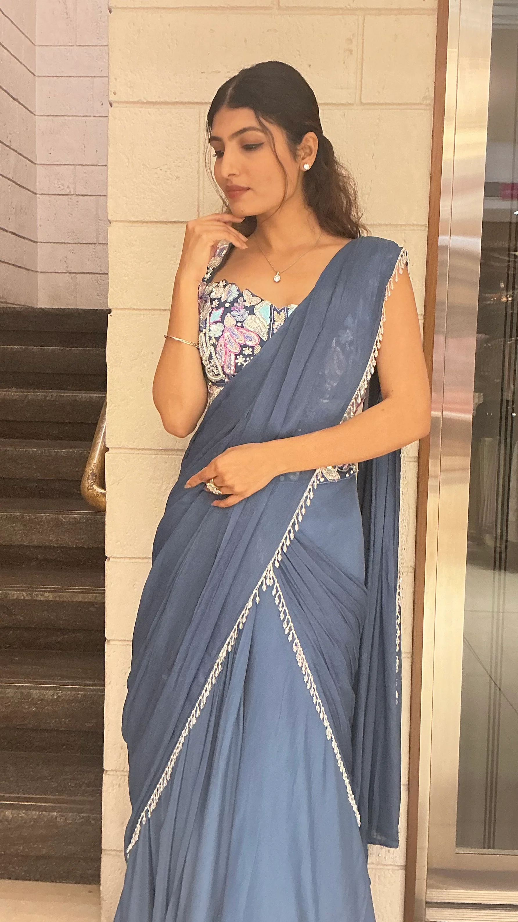 Elegant Steel Blue Designer Saree with Embroidered Blouse & Minimal Lace Border - Image 5