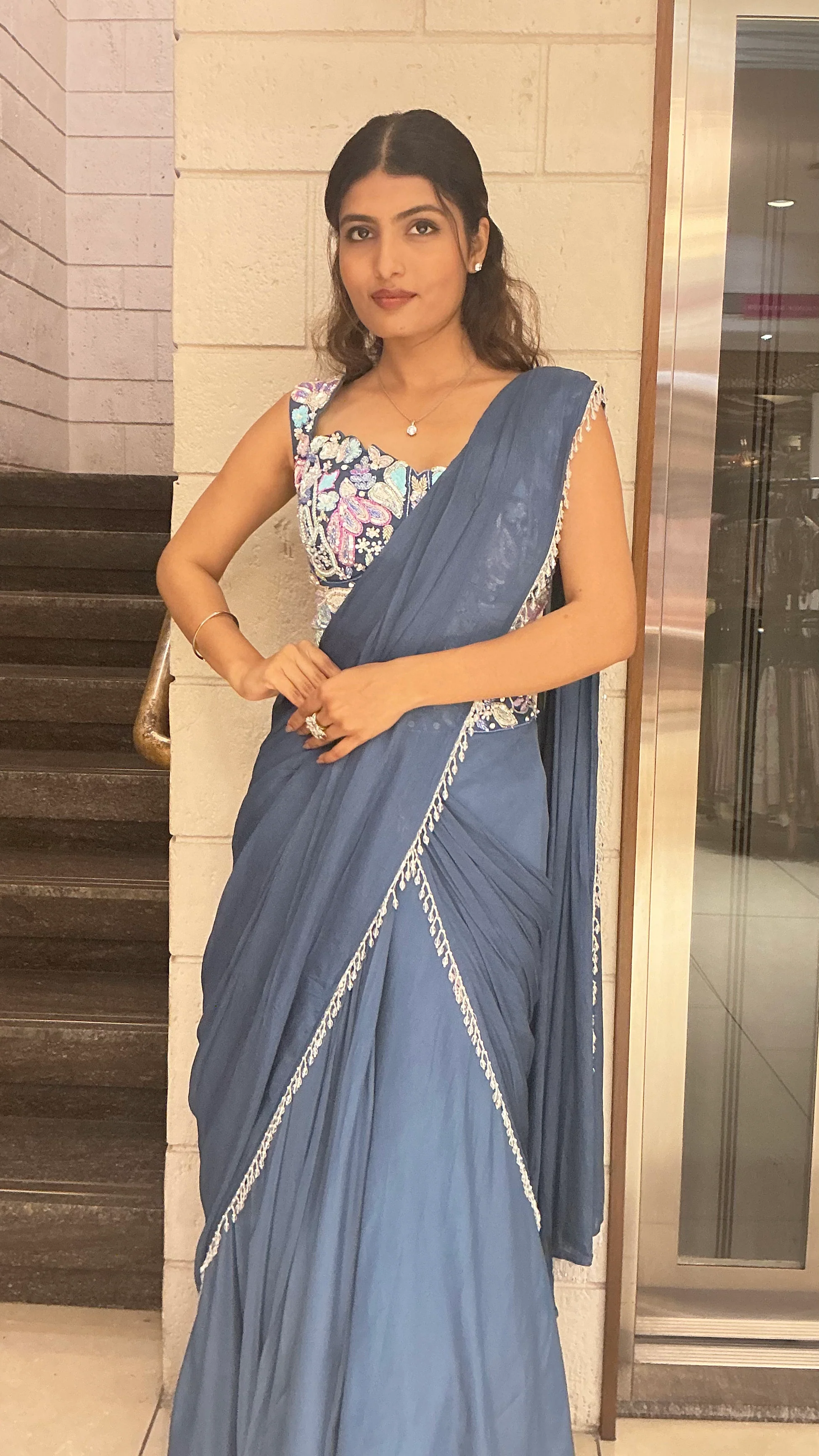 Elegant Steel Blue Designer Saree with Embroidered Blouse & Minimal Lace Border - Image 6