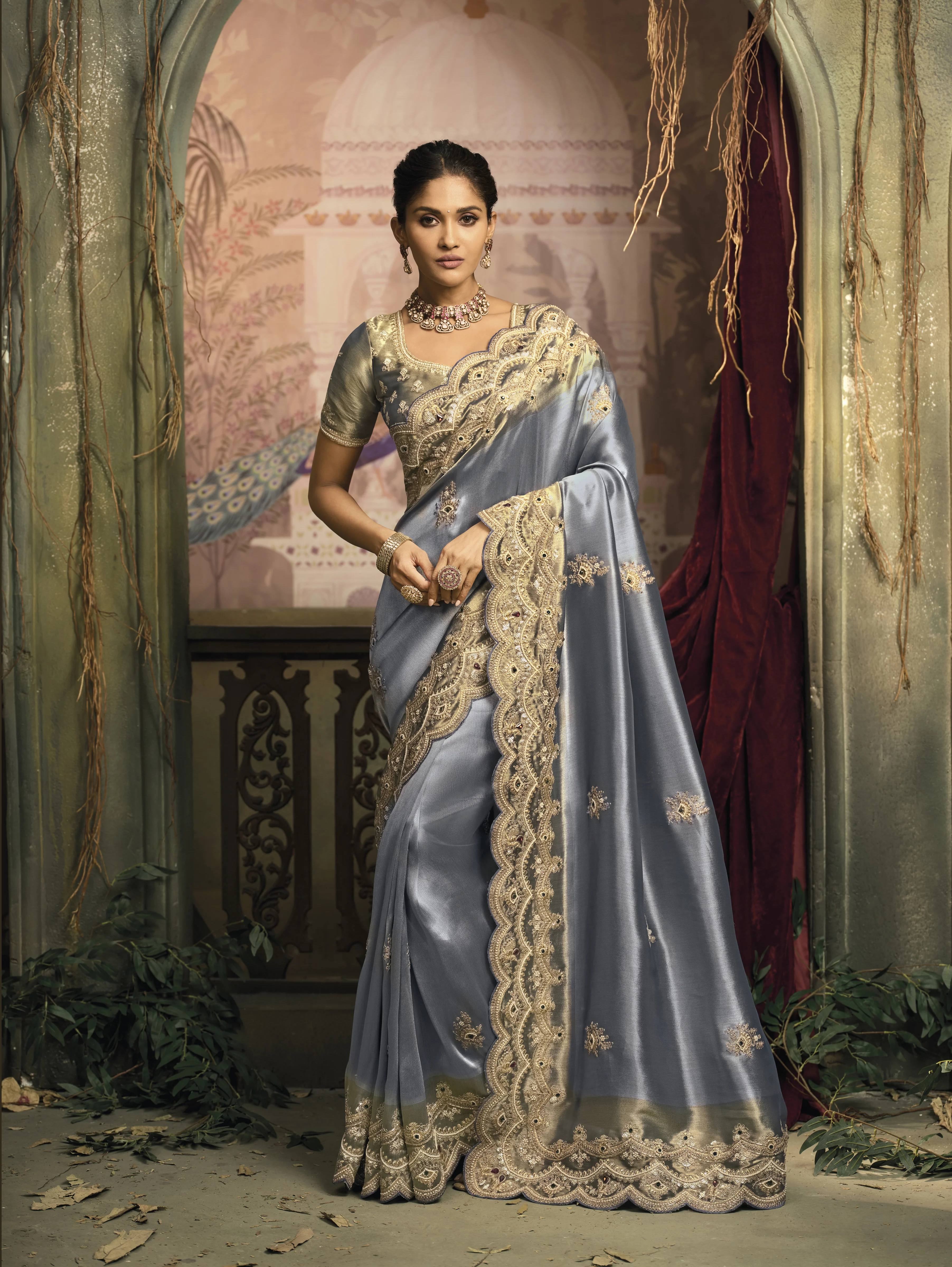 Elegant Steel Grey Silk Saree with Heavy Embroidered Border - Image 2