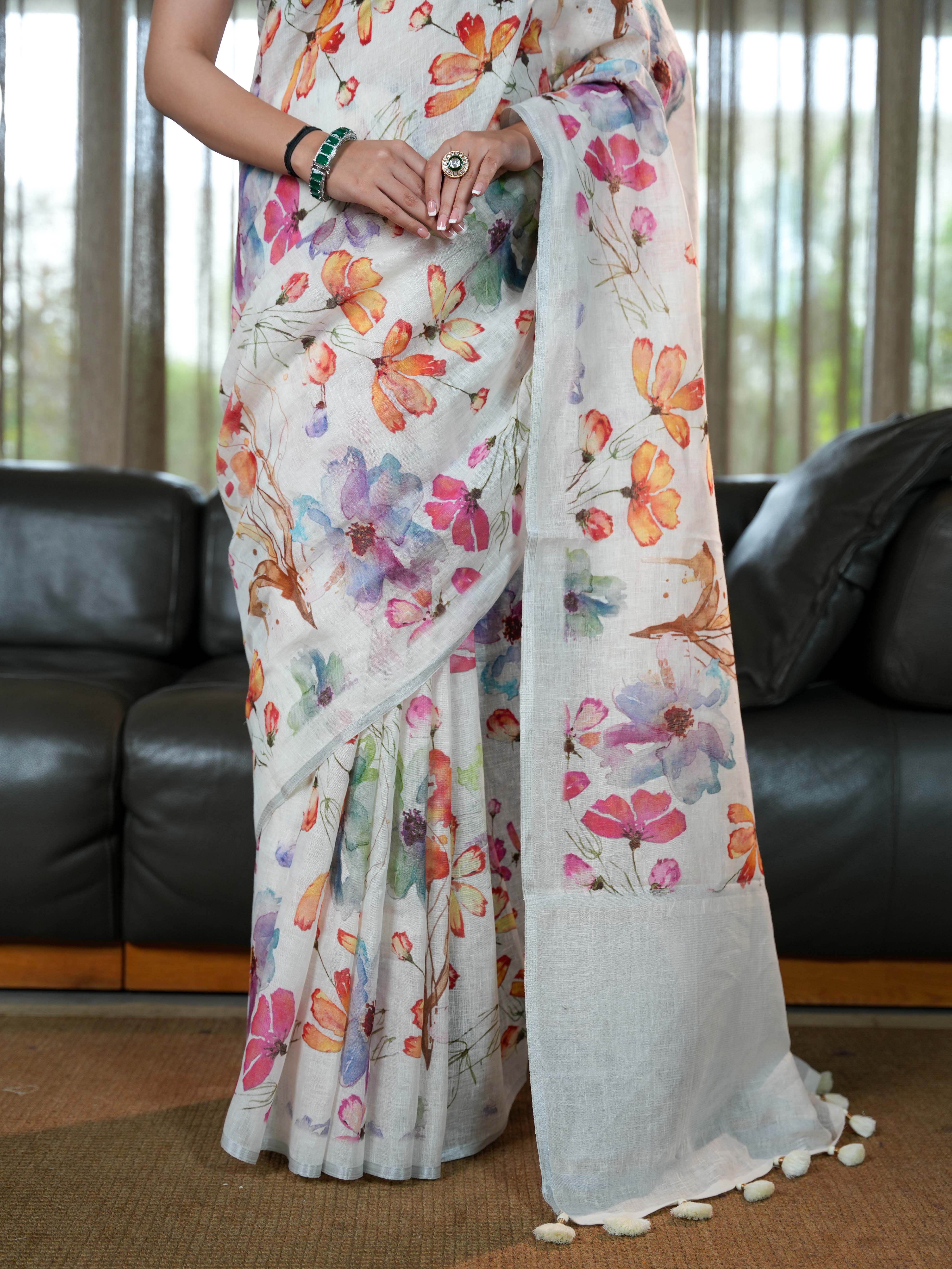 Elegant White Linen Saree with Vibrant Floral Watercolor Print Unstitched Blouse - Image 3