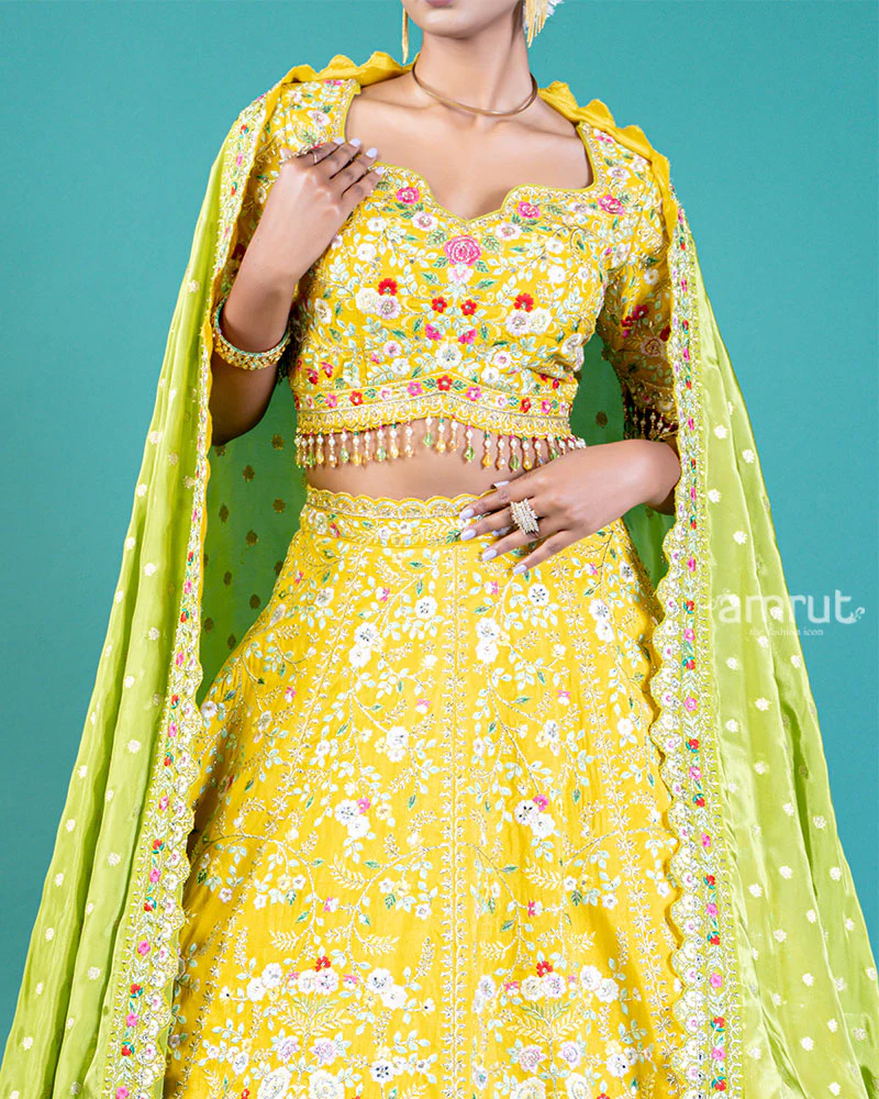 Elegant Yellow Lehenga Choli with Embroidered Choli and Sheer Dupatta - Image 3