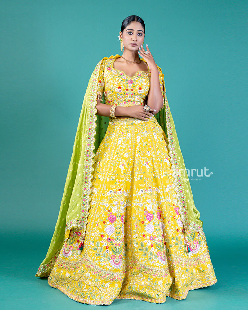 Elegant Yellow Lehenga Choli with Embroidered Choli and Sheer Dupatta - Image 4