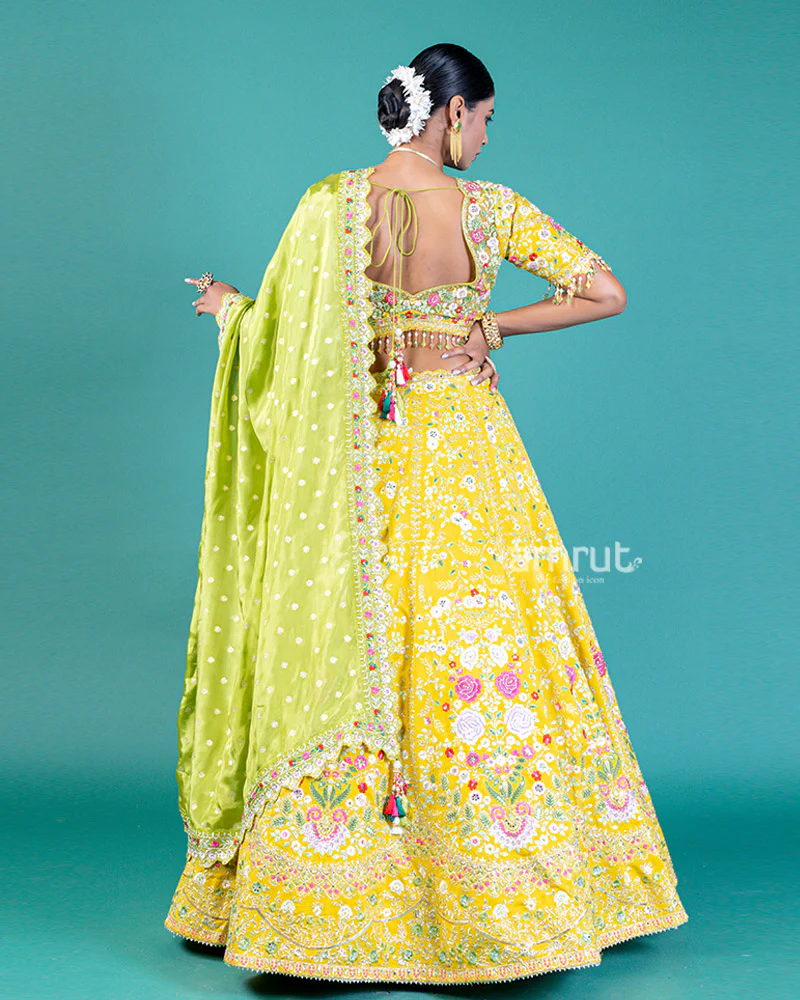 Elegant Yellow Lehenga Choli with Embroidered Choli and Sheer Dupatta - Image 5