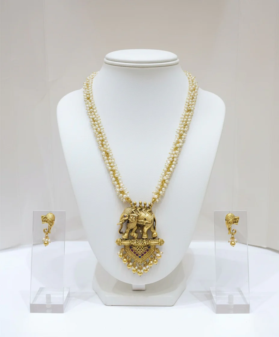 Elephant Motif Temple Necklace with Pearl Strands - Image 3