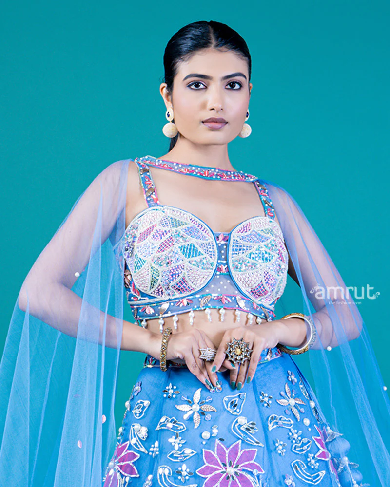 Embellished Blue Koi Lehenga Choli with Floral Embroidery and Attached Dupatta - Image 2