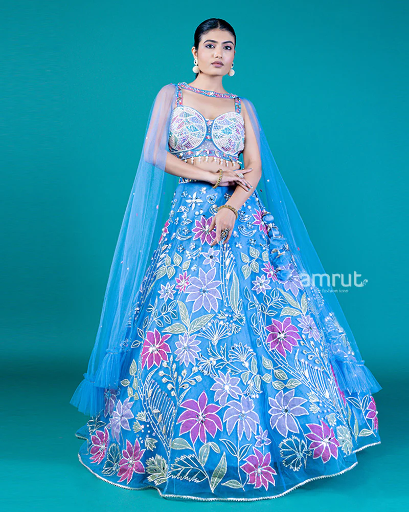 Embellished Blue Koi Lehenga Choli with Floral Embroidery and Attached Dupatta - Image 4