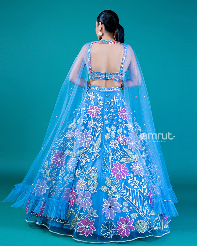 Embellished Blue Koi Lehenga Choli with Floral Embroidery and Attached Dupatta - Image 5