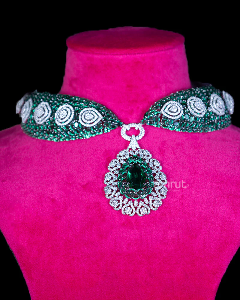 Emerald, Deep Green Diamond, and White Diamond Choker Necklace with Earrings Set - Image 2