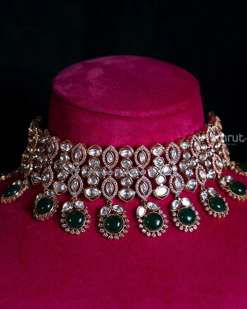 Emerald Gemstones Moissanite Polki Chocker Necklace and Matching Earrings - Image 2
