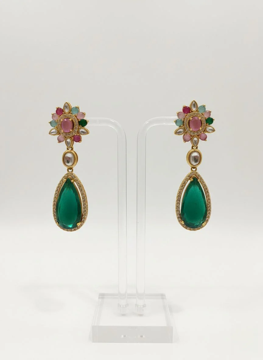 Emerald Green and Multicolor Kundan Necklace Set with Pear Drop Pendant - Image 2