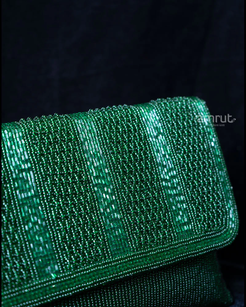 Emerald Green Beaded Flap-Over Clutch Purse - Image 2