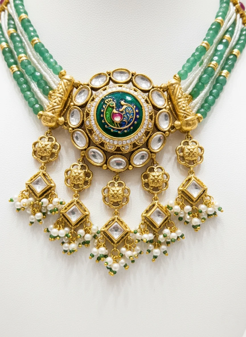 Emerald Green Beaded Kundan Choker Necklace Set with Enamel Pendant - Image 3